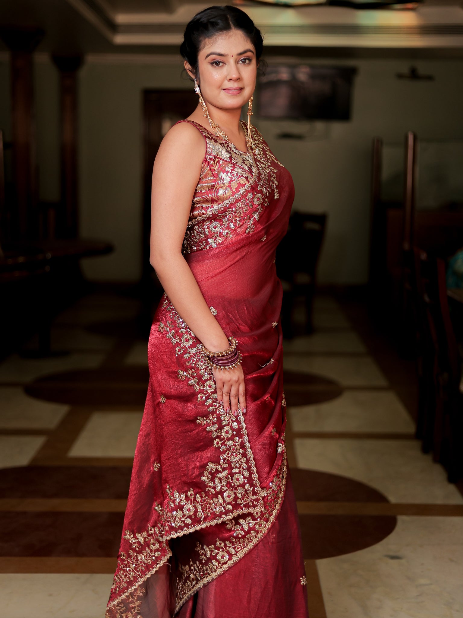 Red Embroidered Tissue Banarasi Cocktail Saree with Lace Border