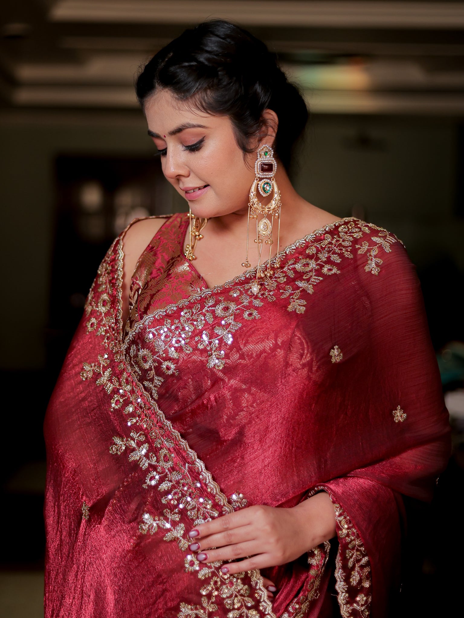 Red Embroidered Tissue Banarasi Cocktail Saree with Lace Border