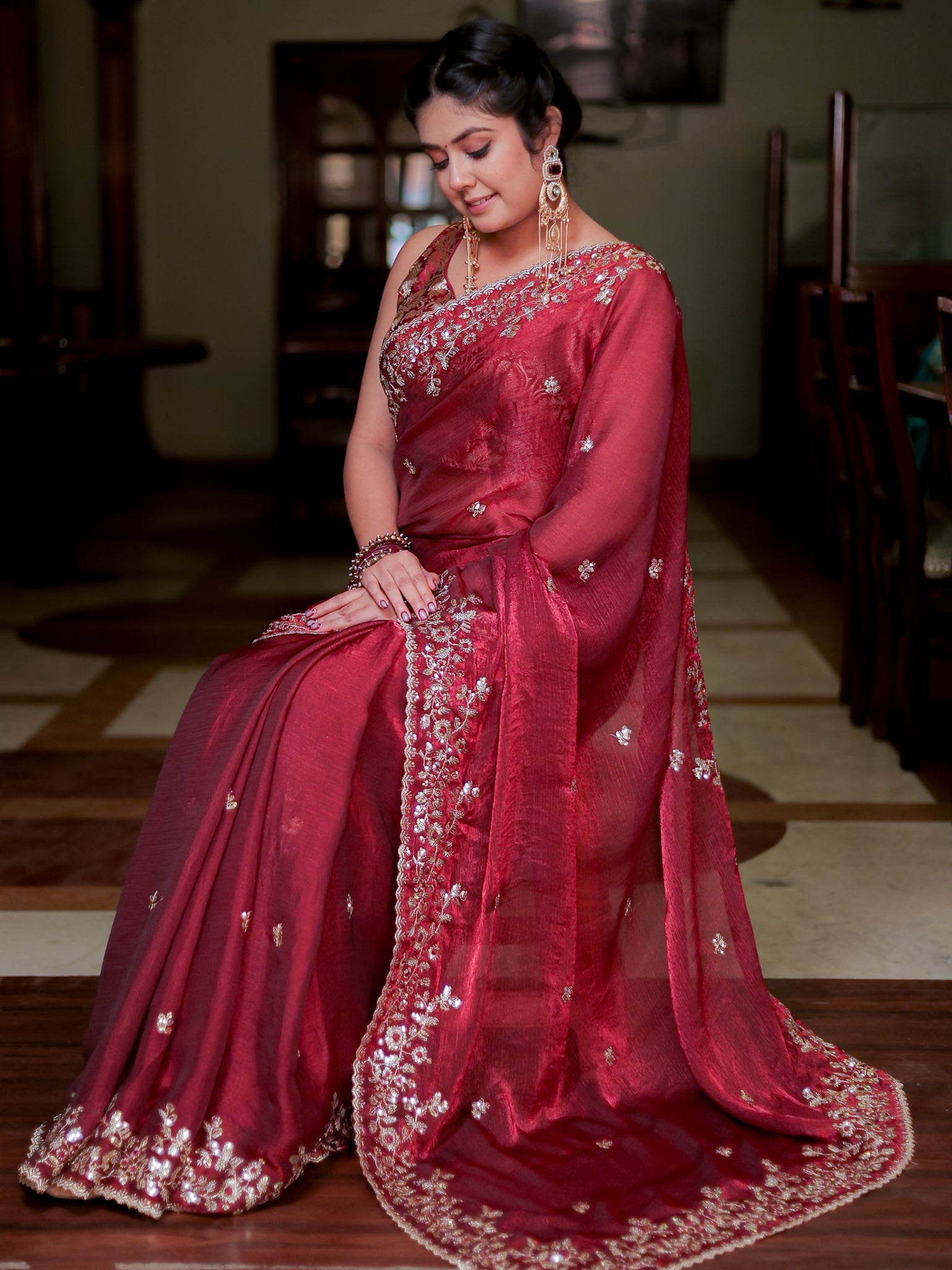 Red Embroidered Tissue Banarasi Cocktail Saree with Lace Border