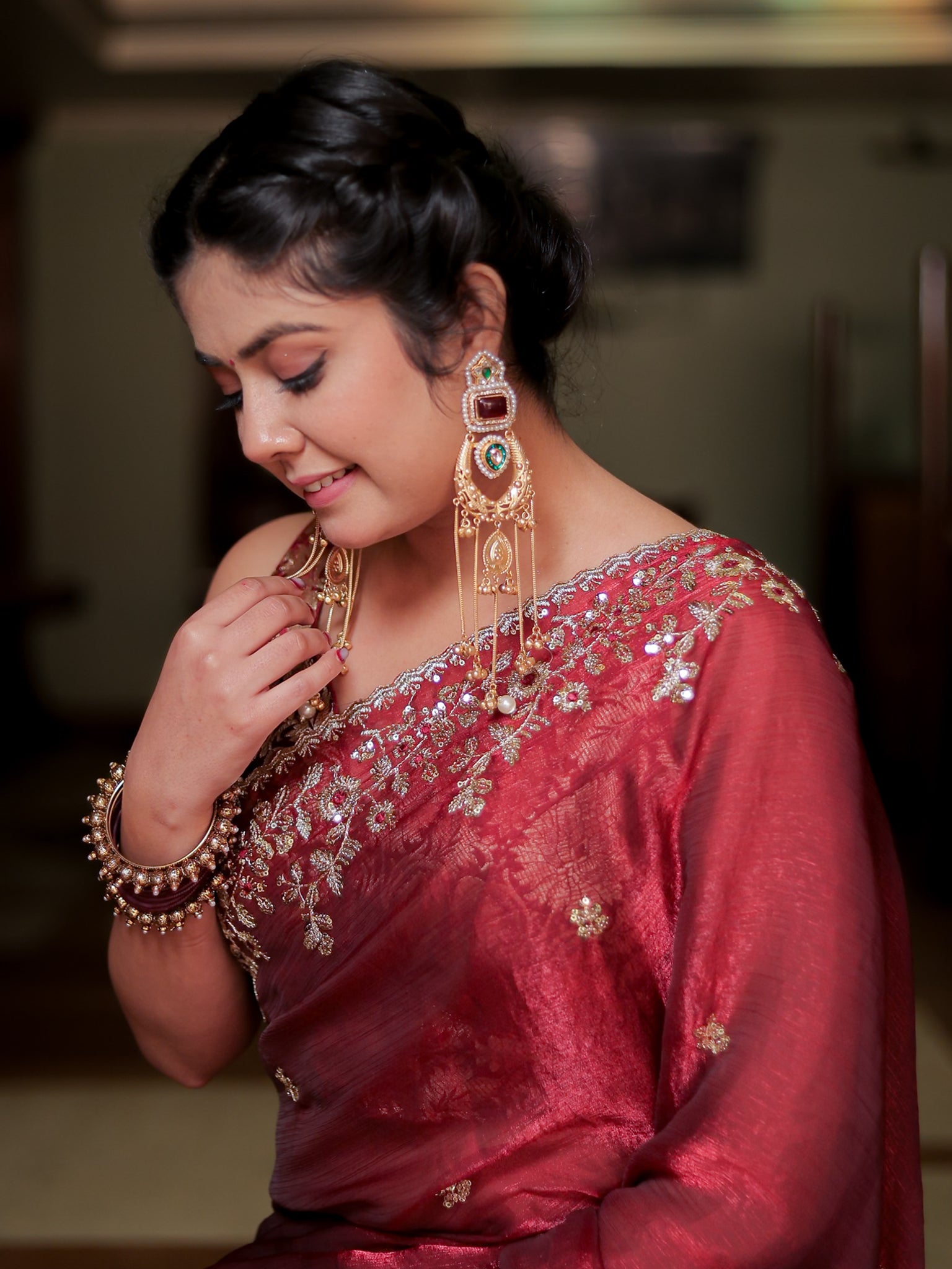 Red Embroidered Tissue Banarasi Cocktail Saree with Lace Border