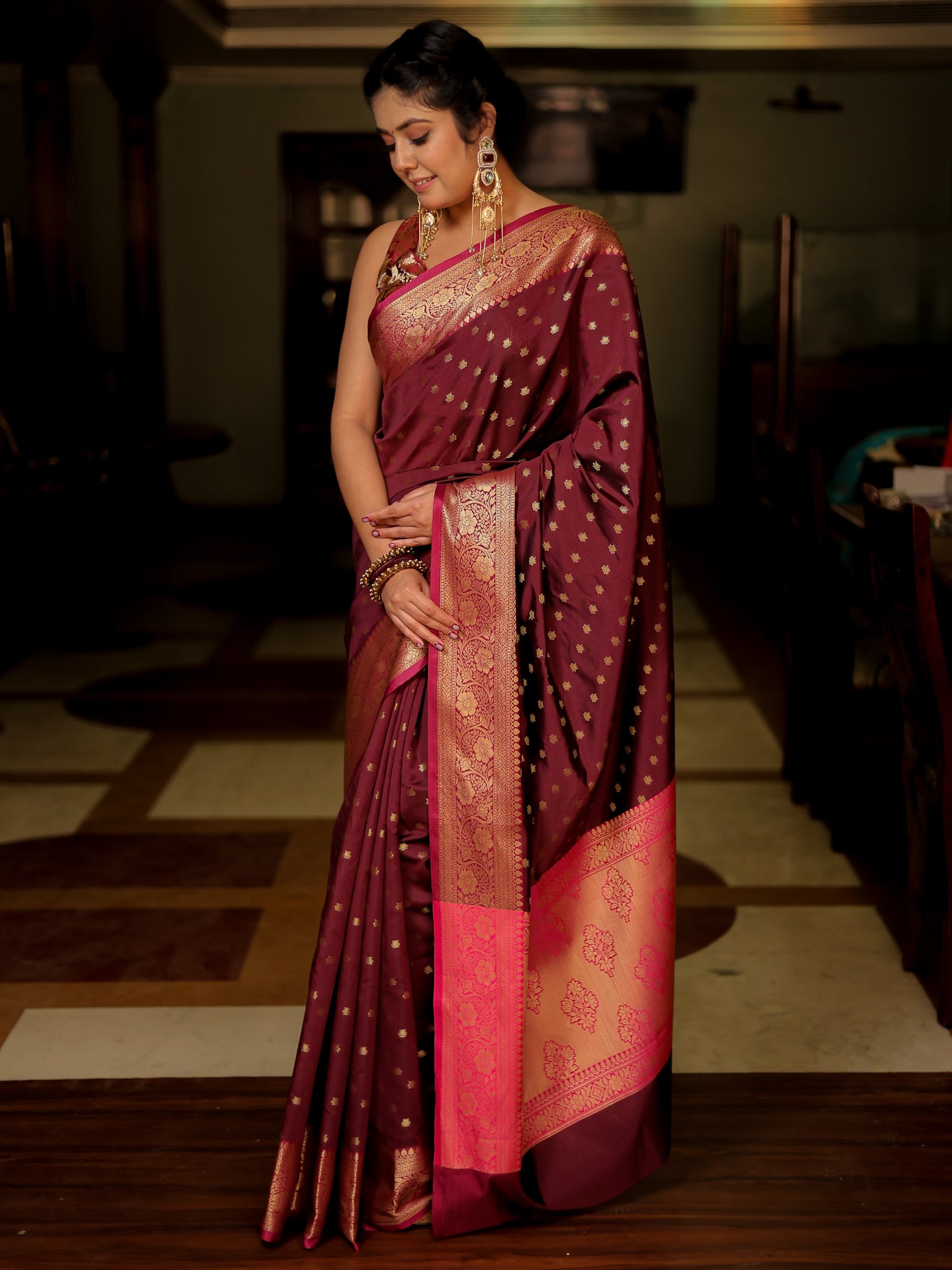 Banarasi Semi Silk Saree With Zari Buti Weaving & Border - Purple