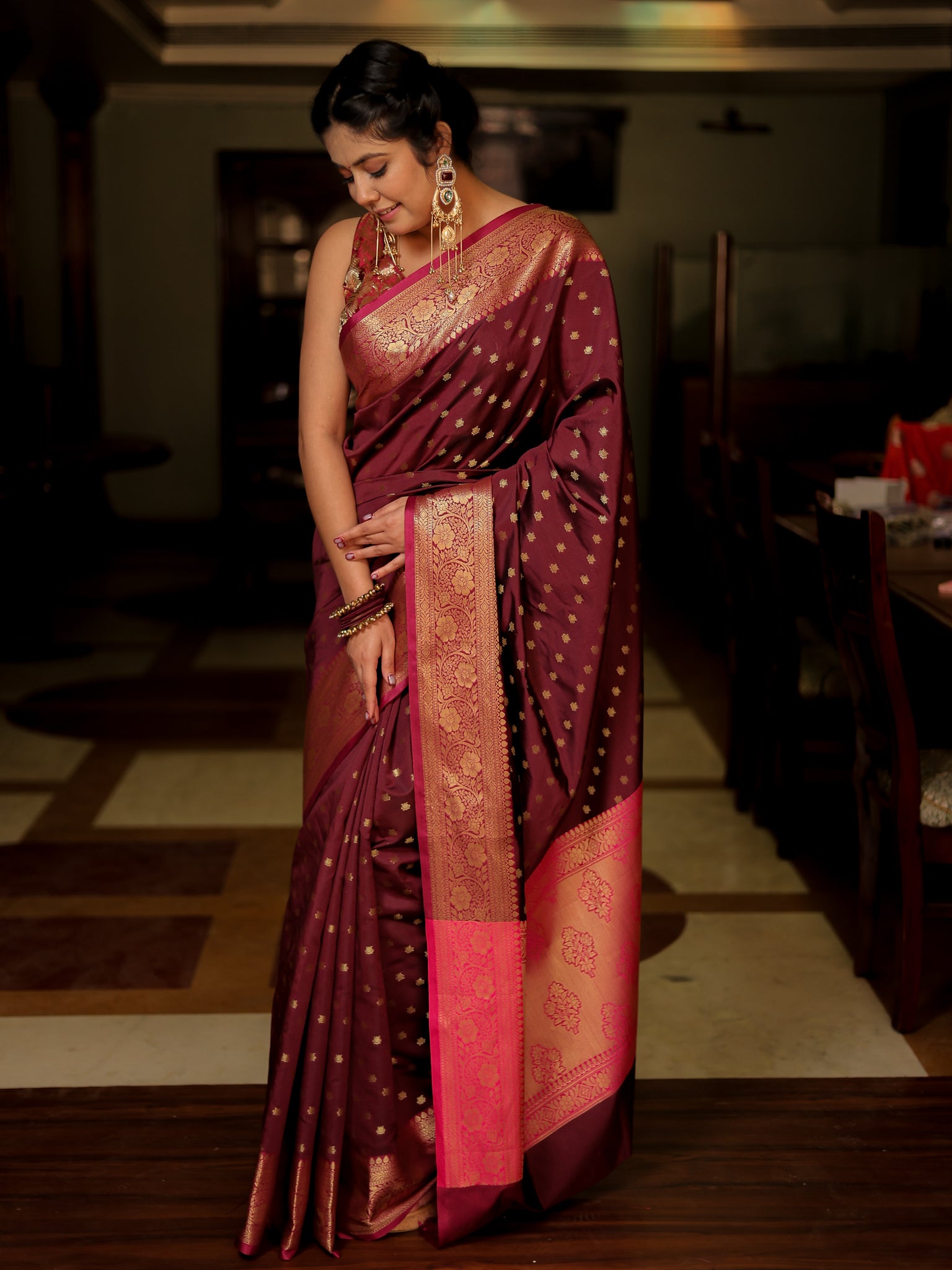 Banarasi Semi Silk Saree With Zari Buti Weaving & Border - Purple