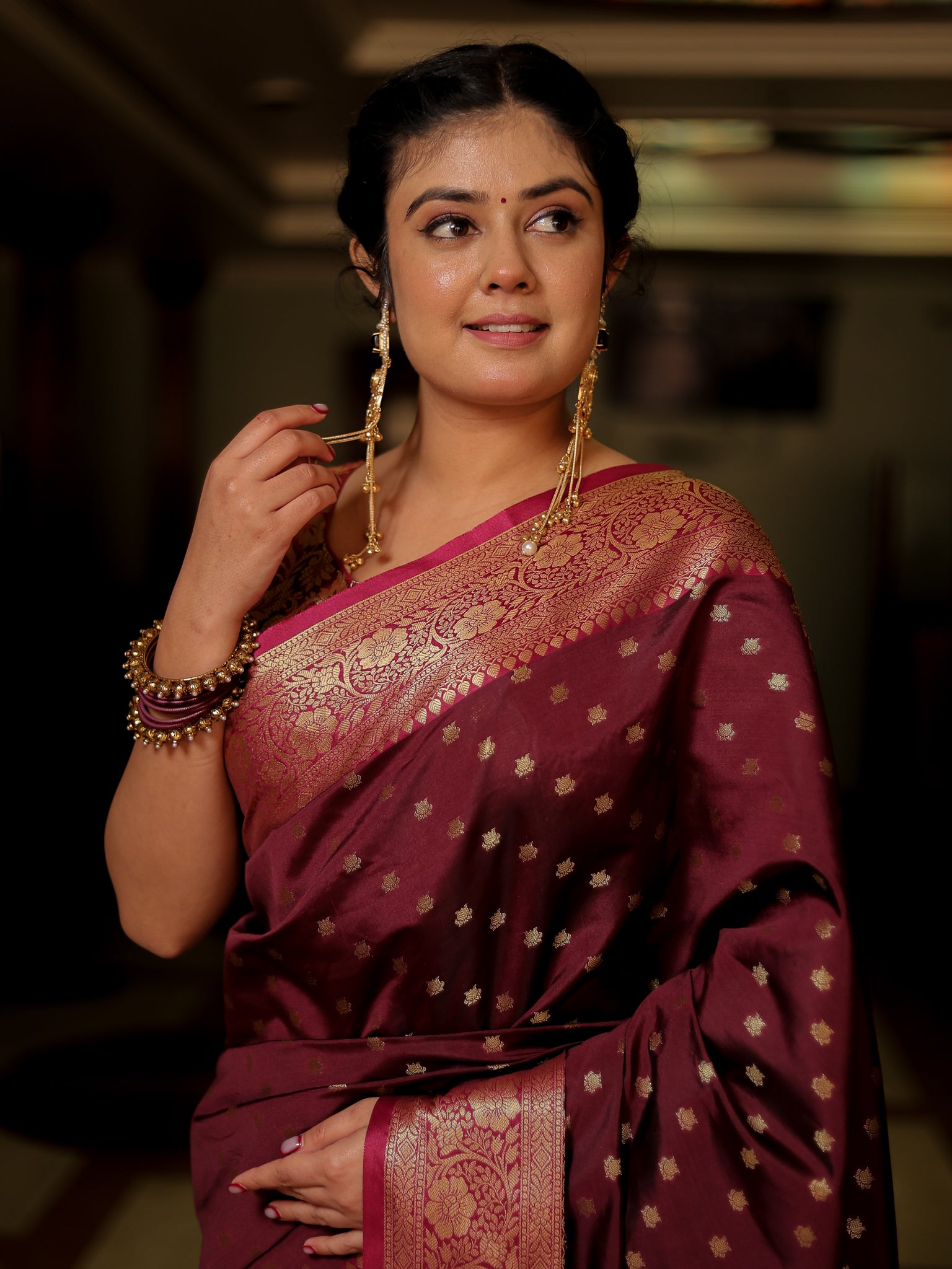 Banarasi Semi Silk Saree With Zari Buti Weaving & Border - Purple