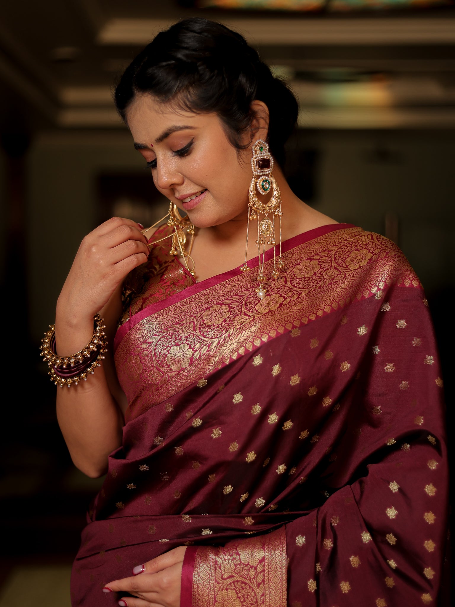 Banarasi Semi Silk Saree With Zari Buti Weaving & Border - Purple