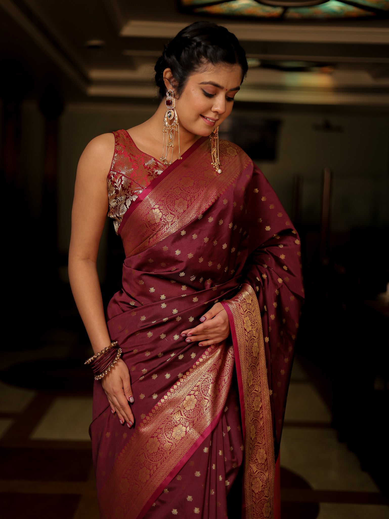 Banarasi Semi Silk Saree With Zari Buti Weaving & Border - Purple