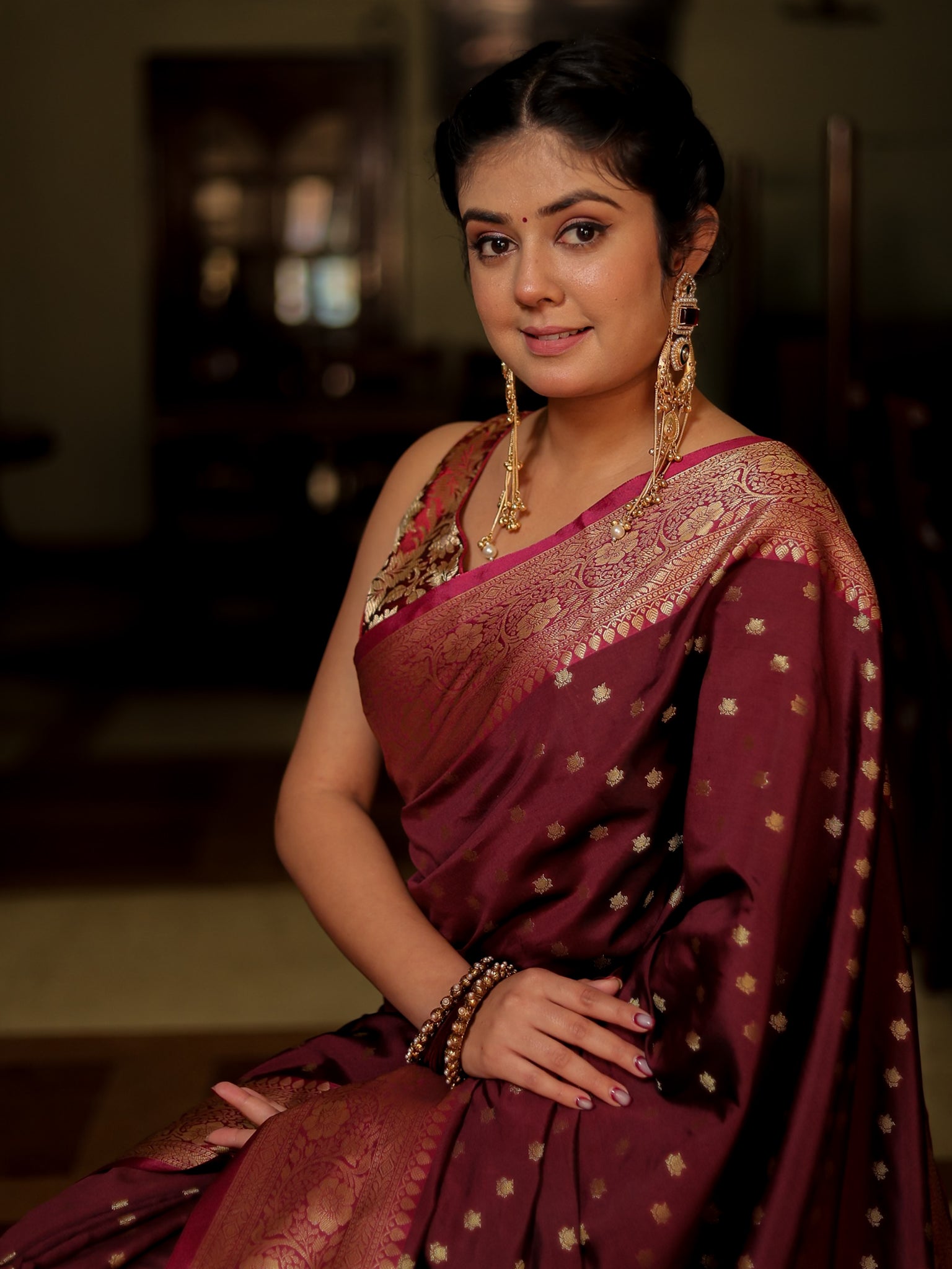 Banarasi Semi Silk Saree With Zari Buti Weaving & Border - Purple