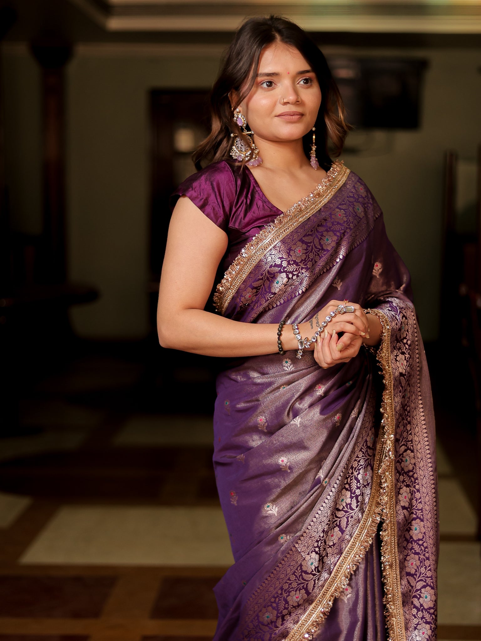 Banarasi Tissue Saree With Buti & Lace Border - Purple