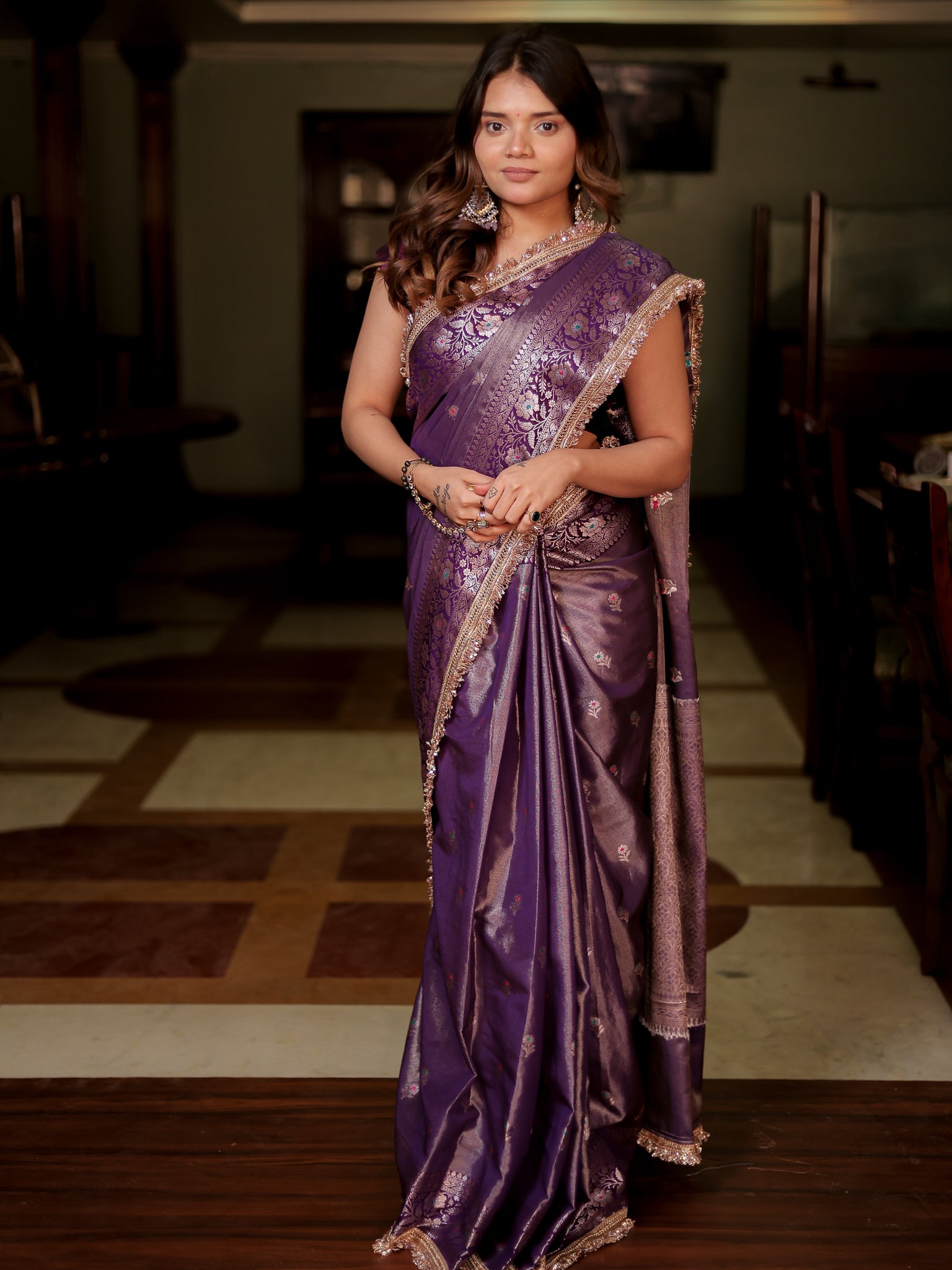 Banarasi Tissue Saree With Buti & Lace Border - Purple