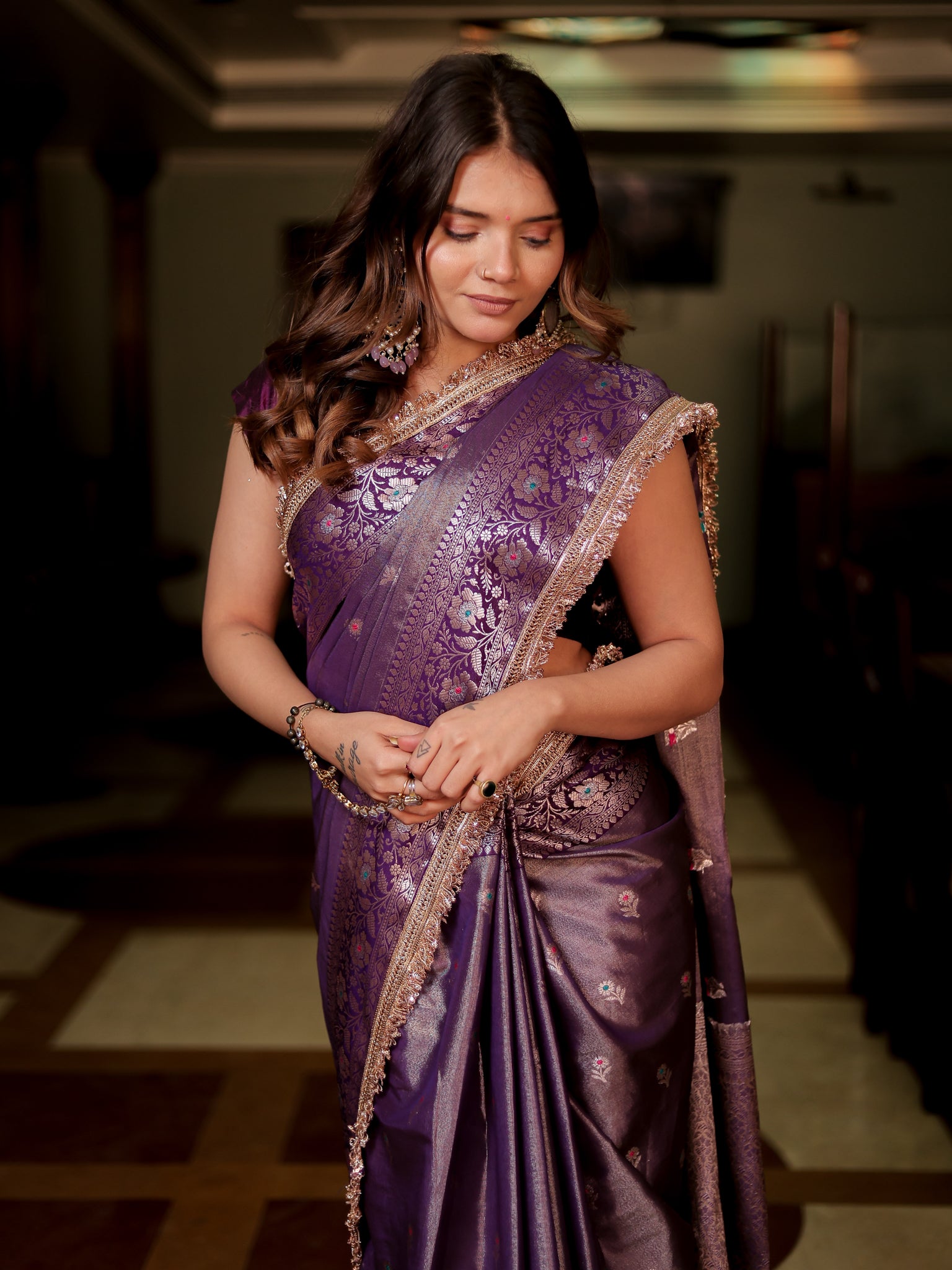 Banarasi Tissue Saree With Buti & Lace Border - Purple