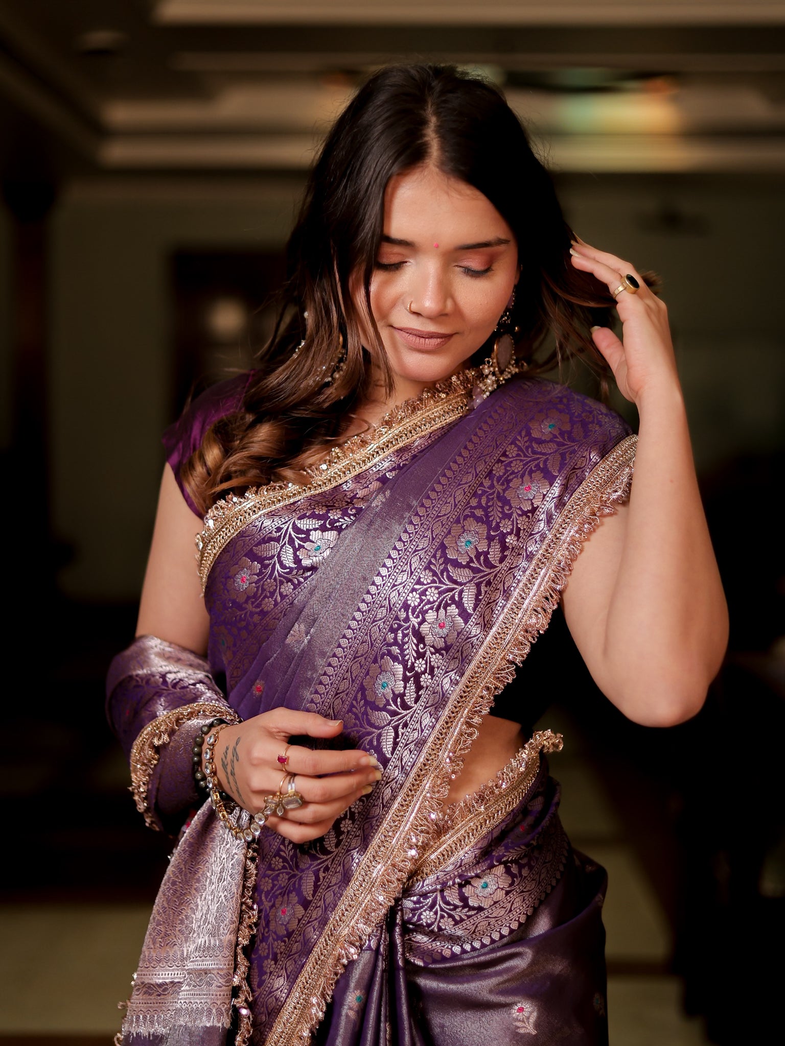 Banarasi Tissue Saree With Buti & Lace Border - Purple