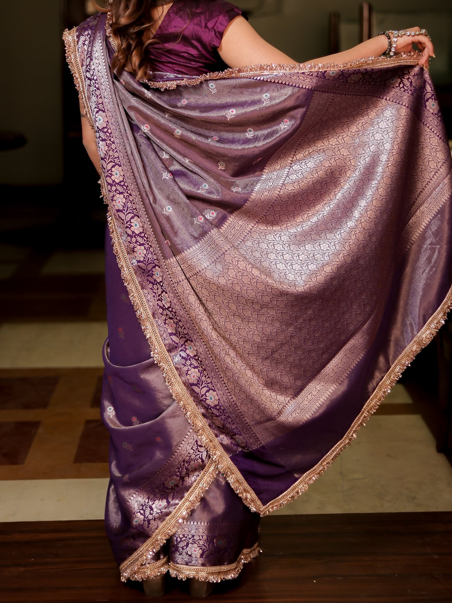 Banarasi Tissue Saree With Buti & Lace Border - Purple