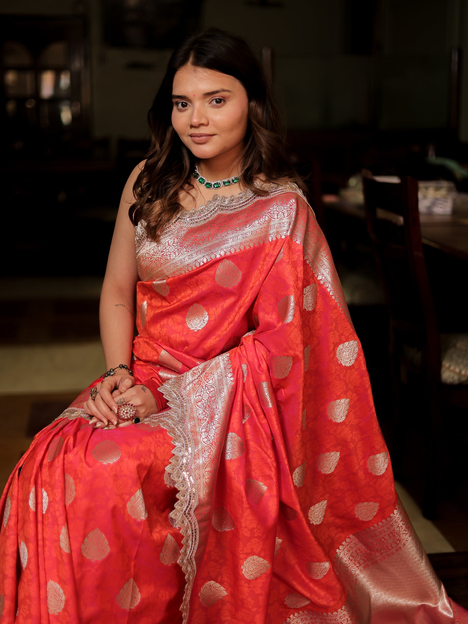 Banarasi Art Katan Silk Saree With Zari Buta Weaving & Tanchoi Weaving & Lace Border