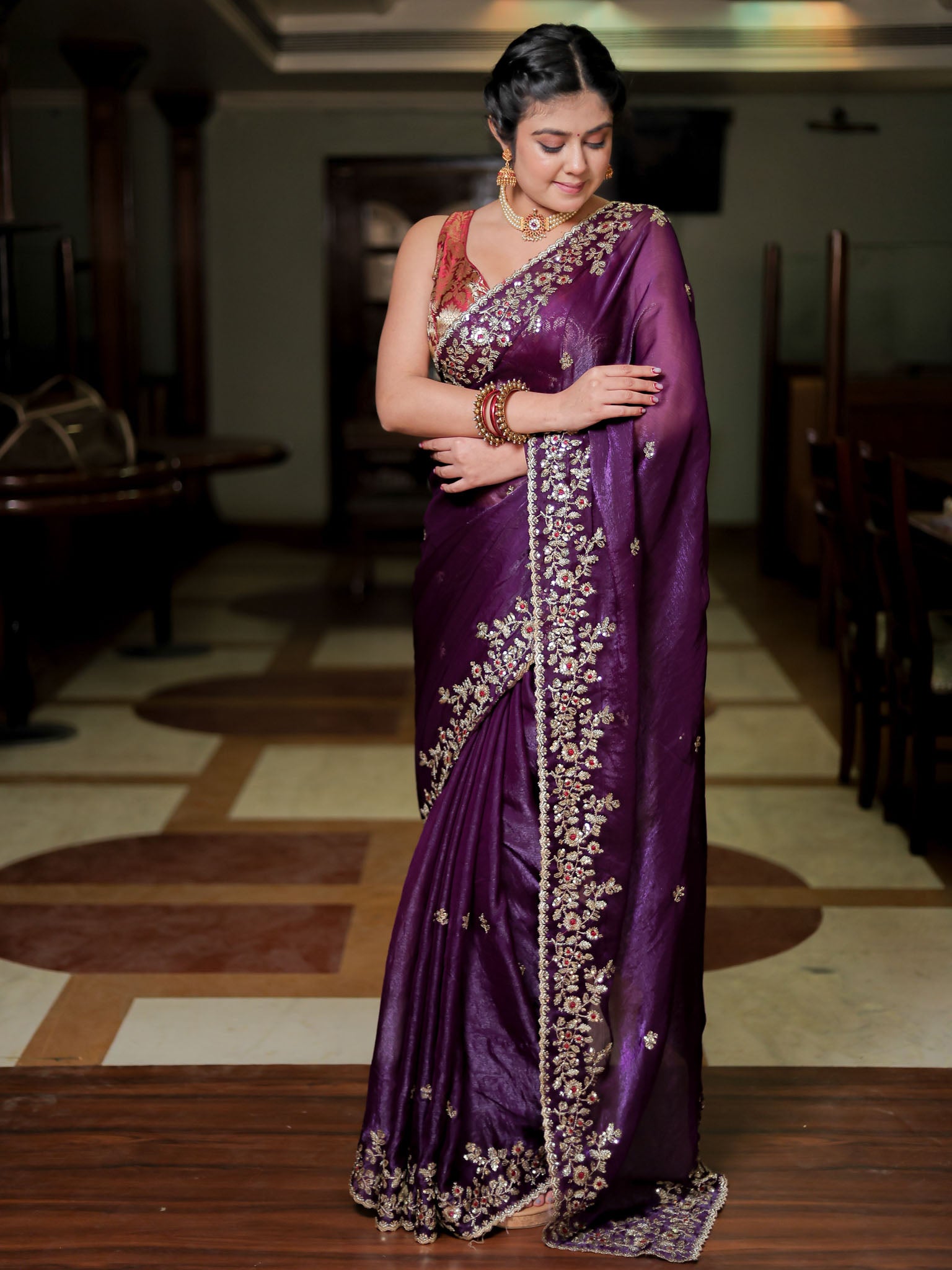 Purple Embroidered Tissue Banarasi Cocktail Saree with Lace Border