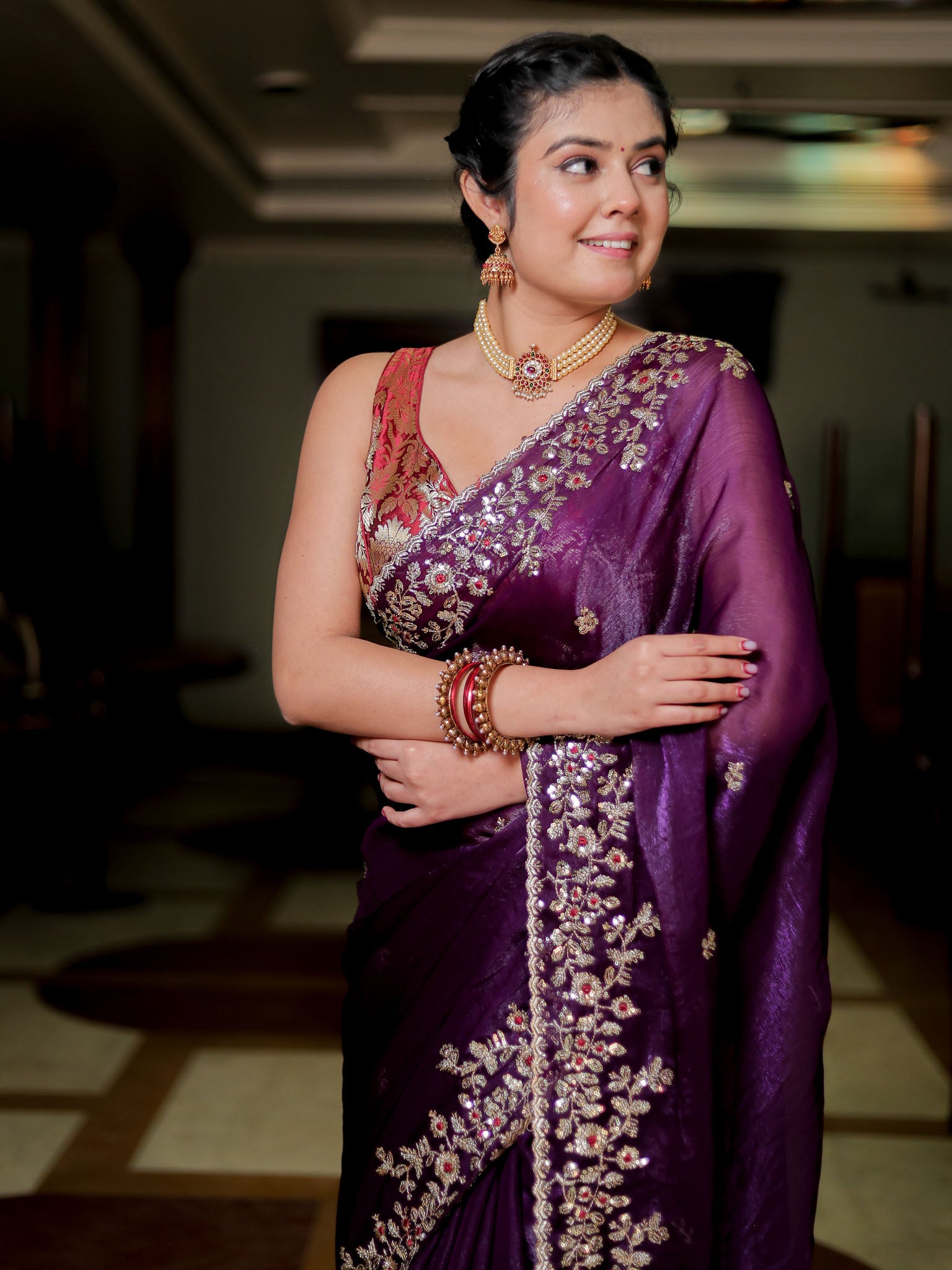 Purple Embroidered Tissue Banarasi Cocktail Saree with Lace Border