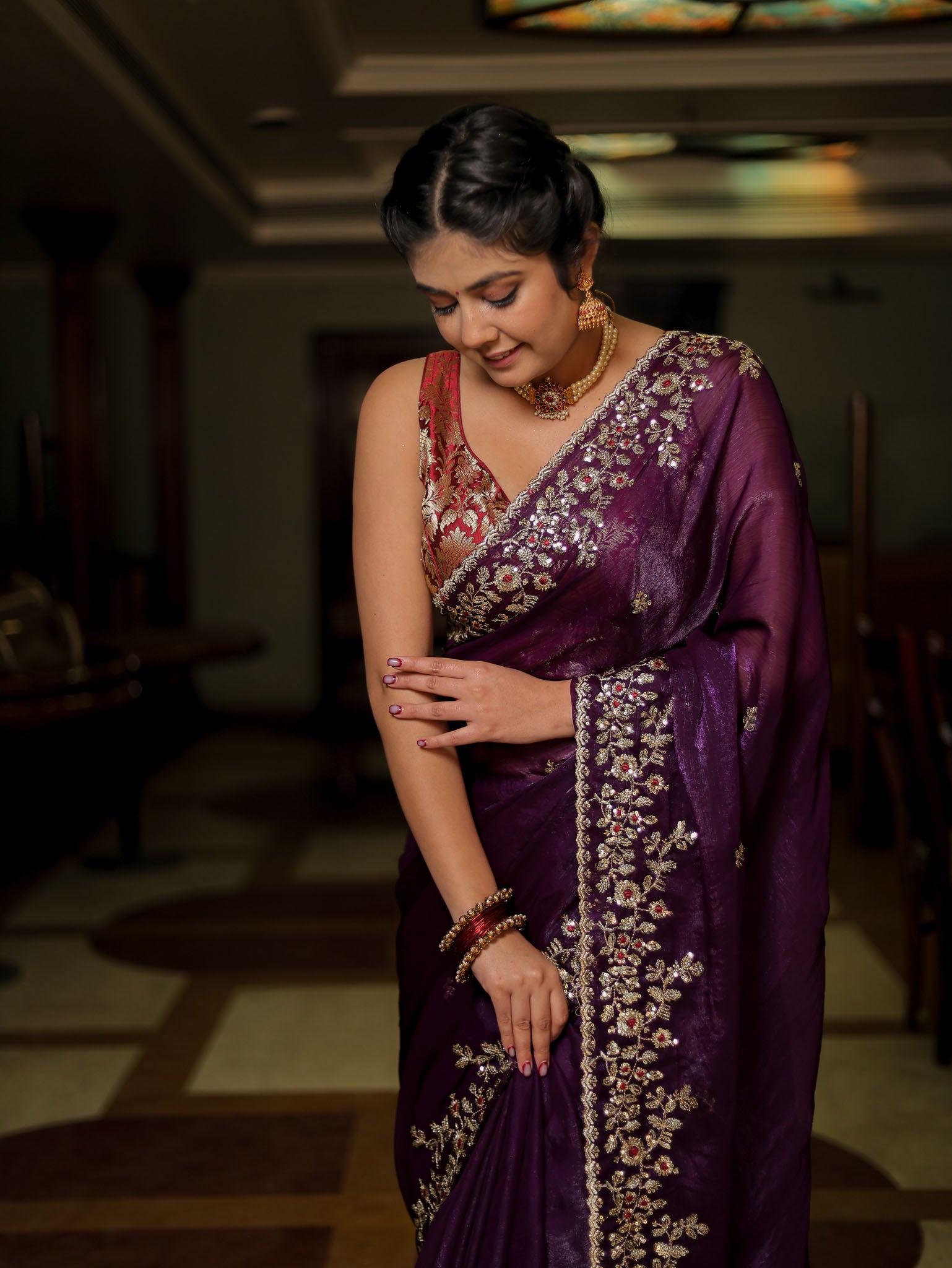 Purple Embroidered Tissue Banarasi Cocktail Saree with Lace Border