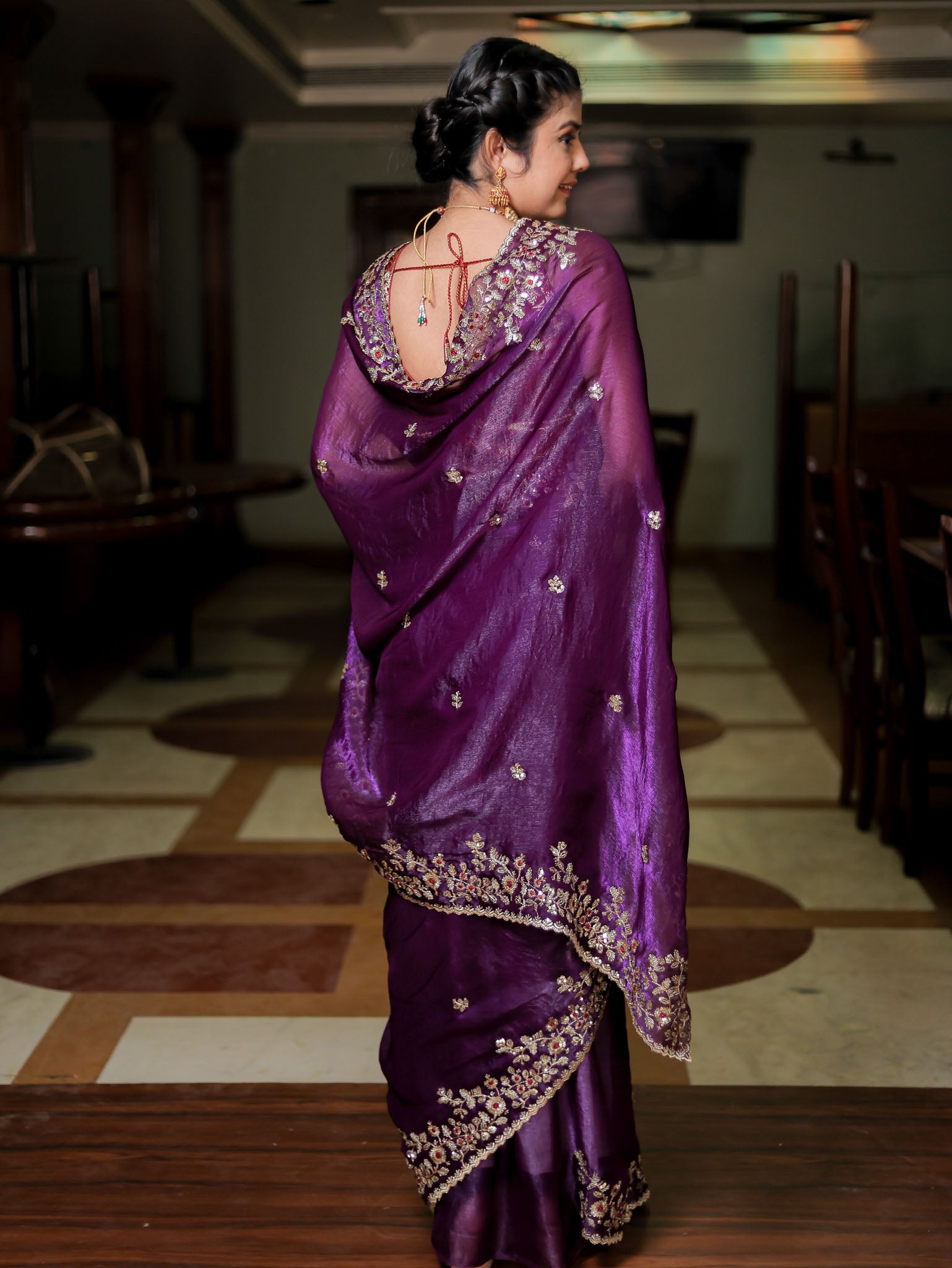 Purple Embroidered Tissue Banarasi Cocktail Saree with Lace Border