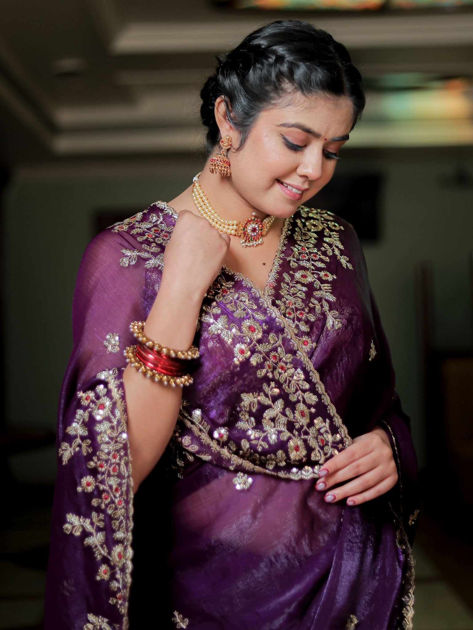 Purple Embroidered Tissue Banarasi Cocktail Saree with Lace Border