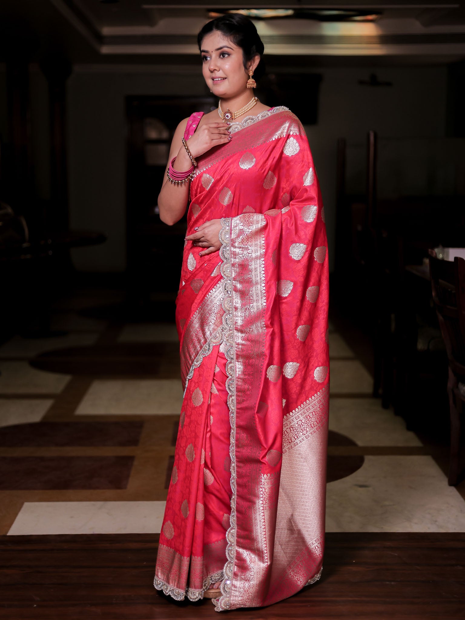 Banarasi Art Katan Silk Saree With Zari Buta Weaving & Tanchoi Weaving & Lace Border-Pink