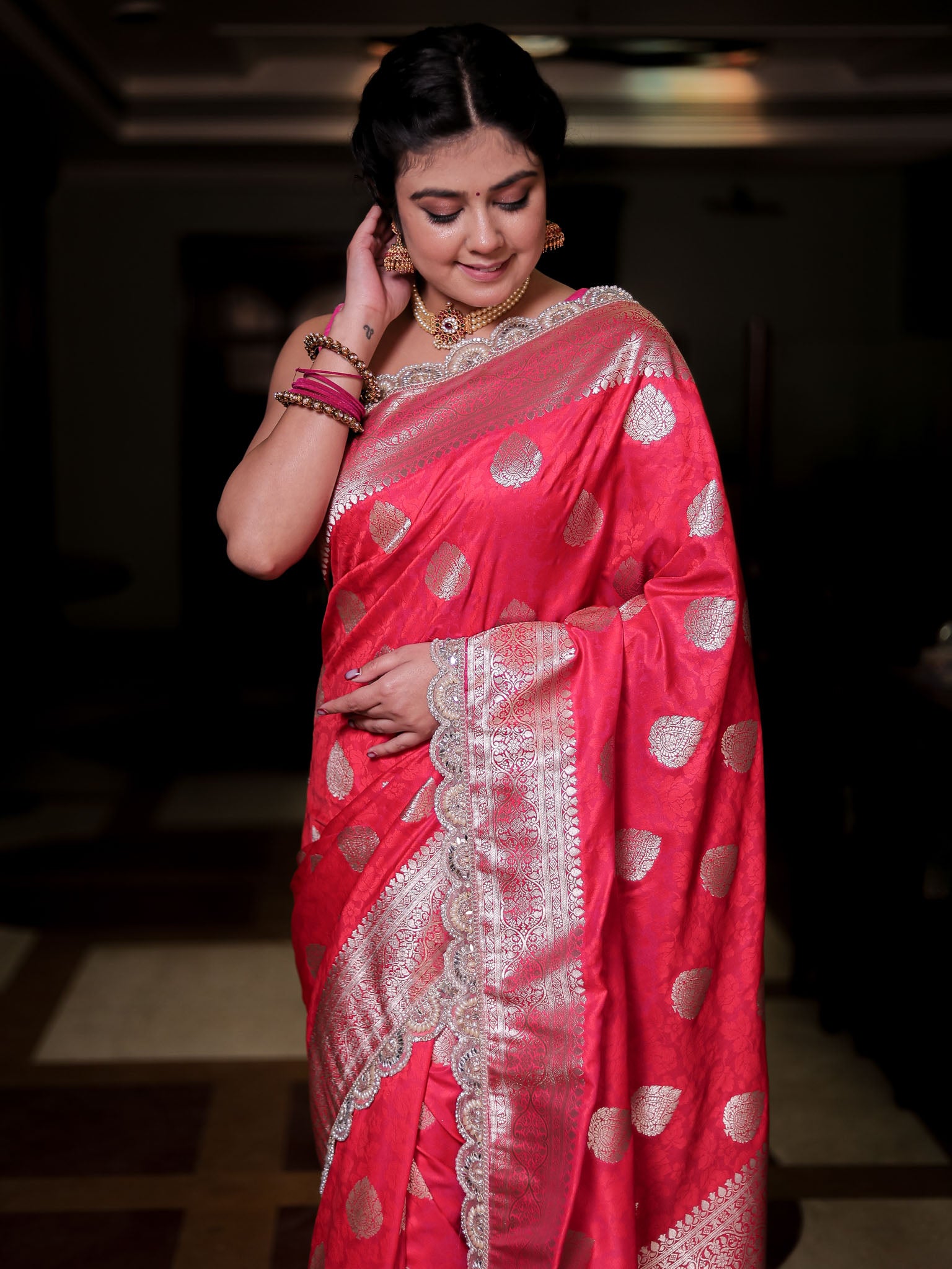 Banarasi Art Katan Silk Saree With Zari Buta Weaving & Tanchoi Weaving & Lace Border-Pink