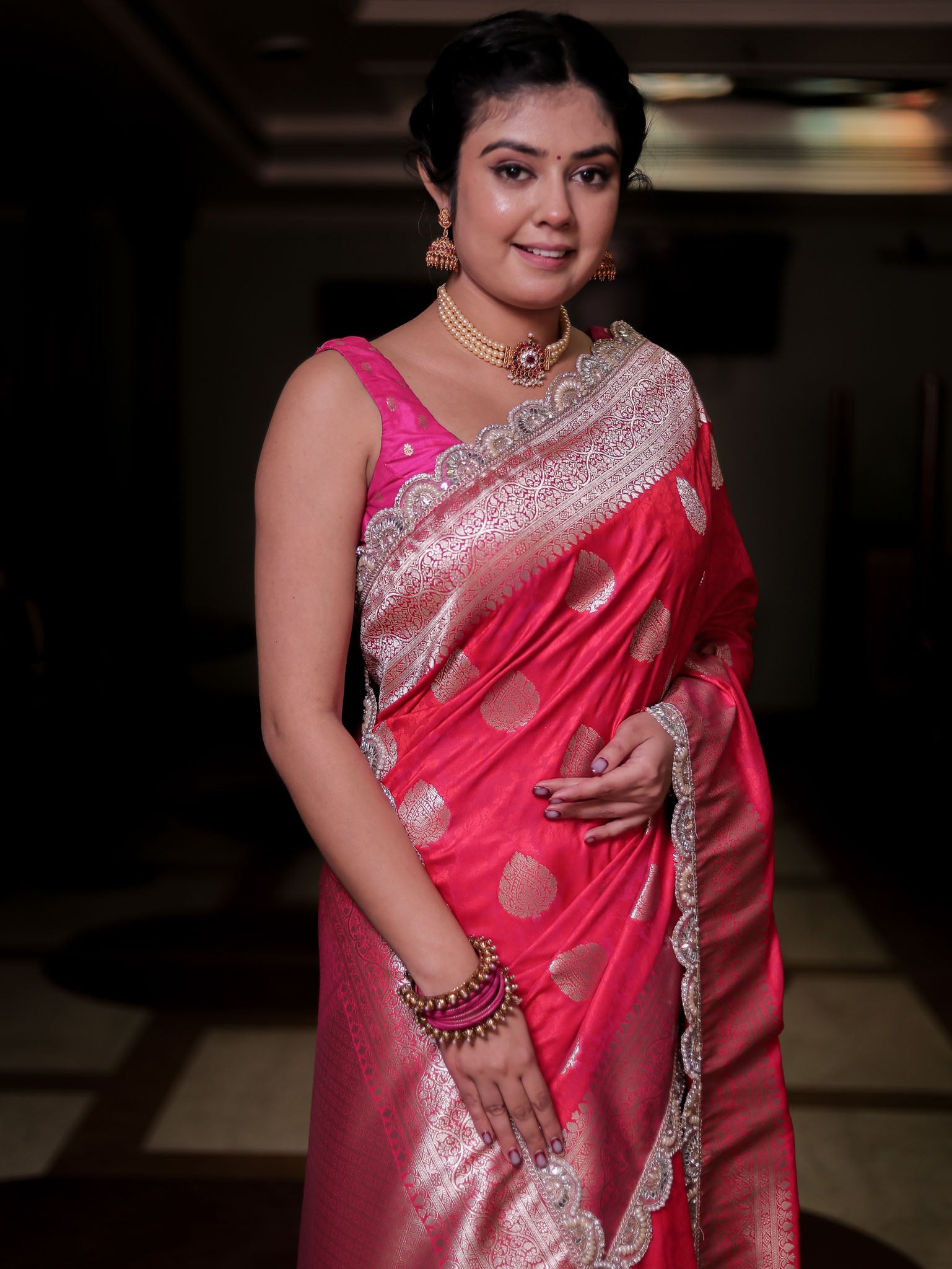 Banarasi Art Katan Silk Saree With Zari Buta Weaving & Tanchoi Weaving & Lace Border-Pink