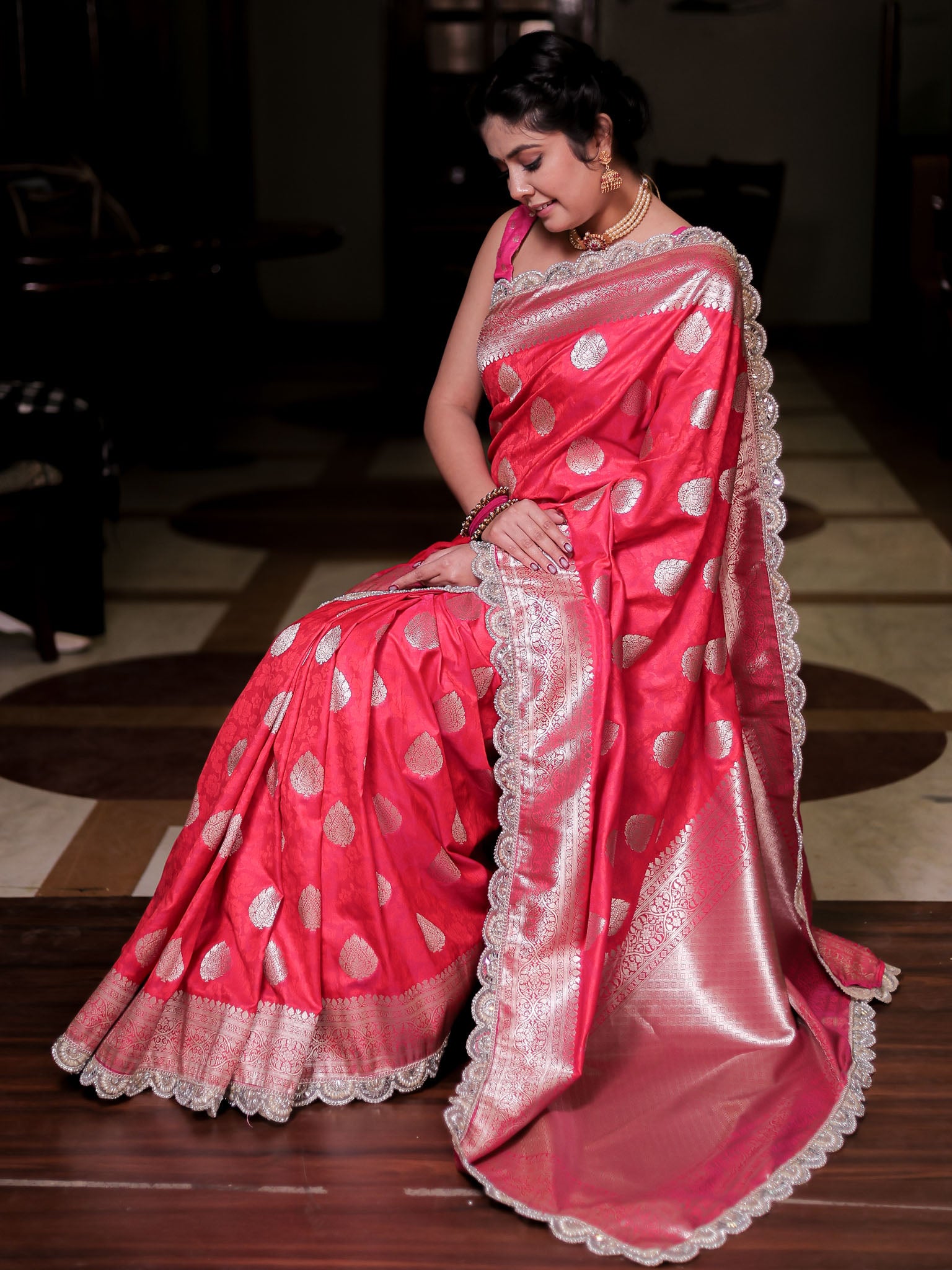 Banarasi Art Katan Silk Saree With Zari Buta Weaving & Tanchoi Weaving & Lace Border-Pink