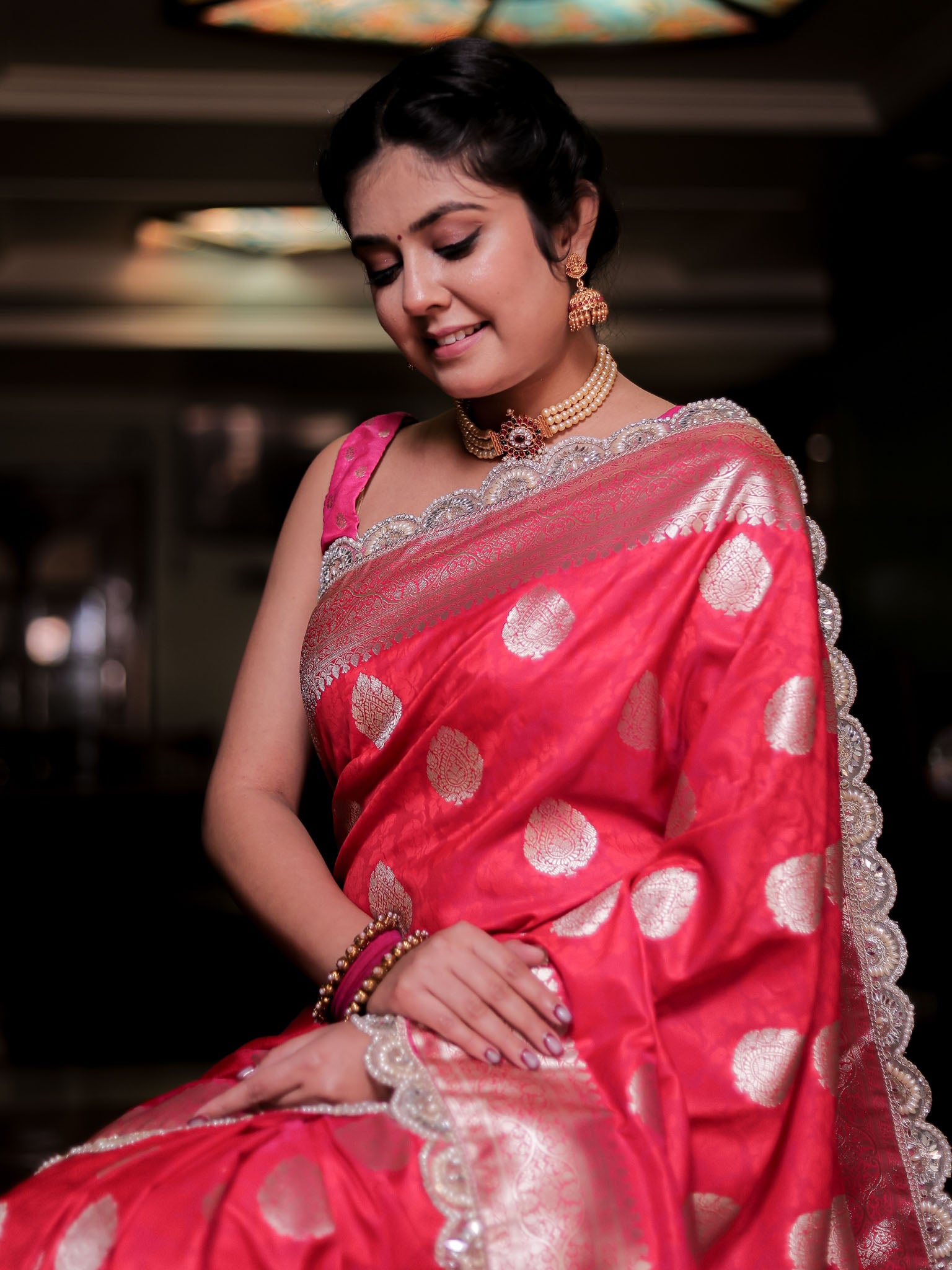 Banarasi Art Katan Silk Saree With Zari Buta Weaving & Tanchoi Weaving & Lace Border-Pink