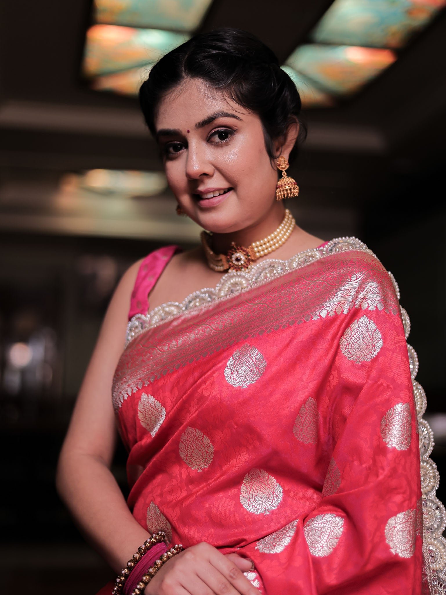 Banarasi Art Katan Silk Saree With Zari Buta Weaving & Tanchoi Weaving & Lace Border-Pink