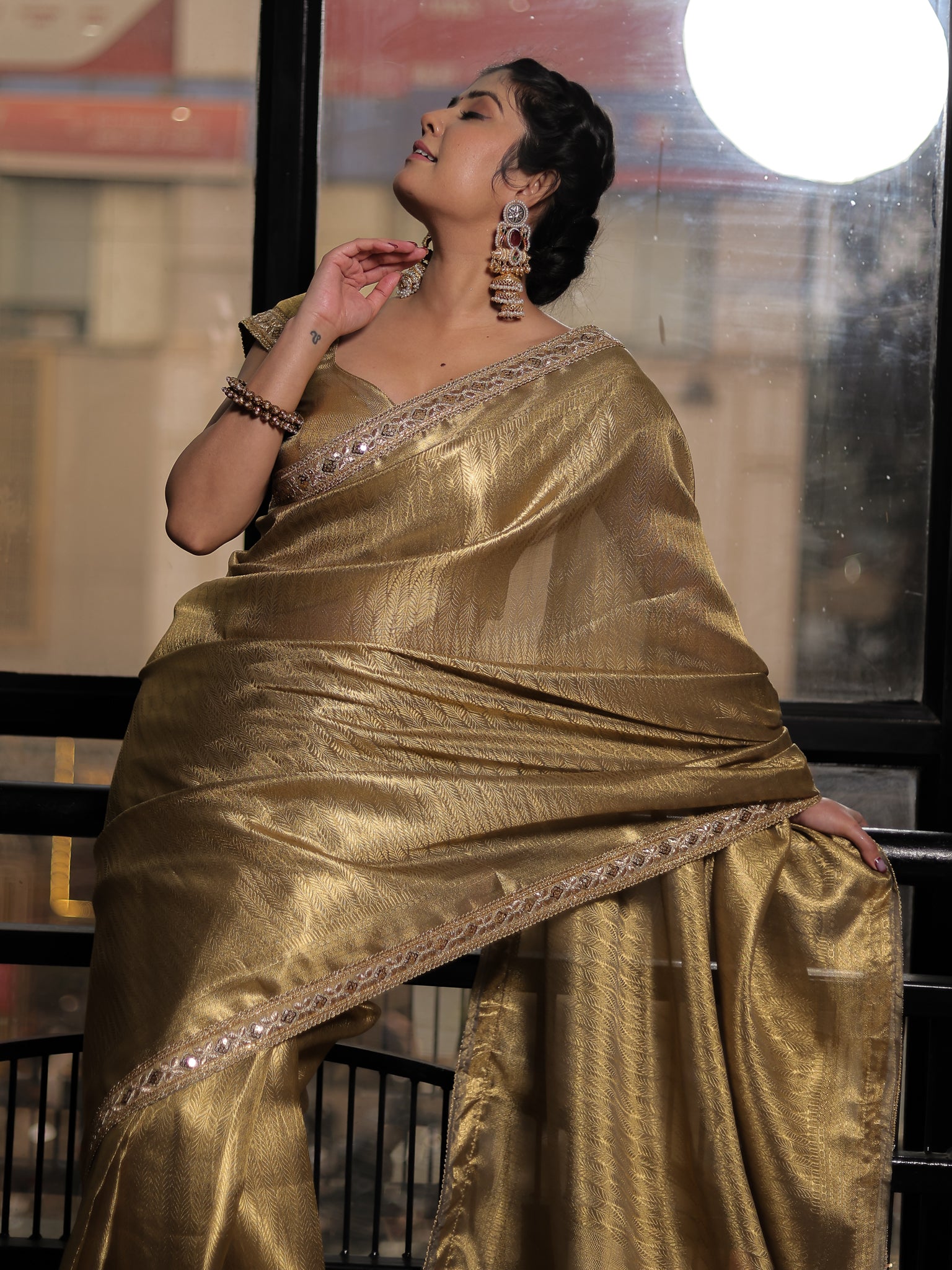 Gold Zari Tanchoi Banarasi Semi Silk Saree with Lace Border