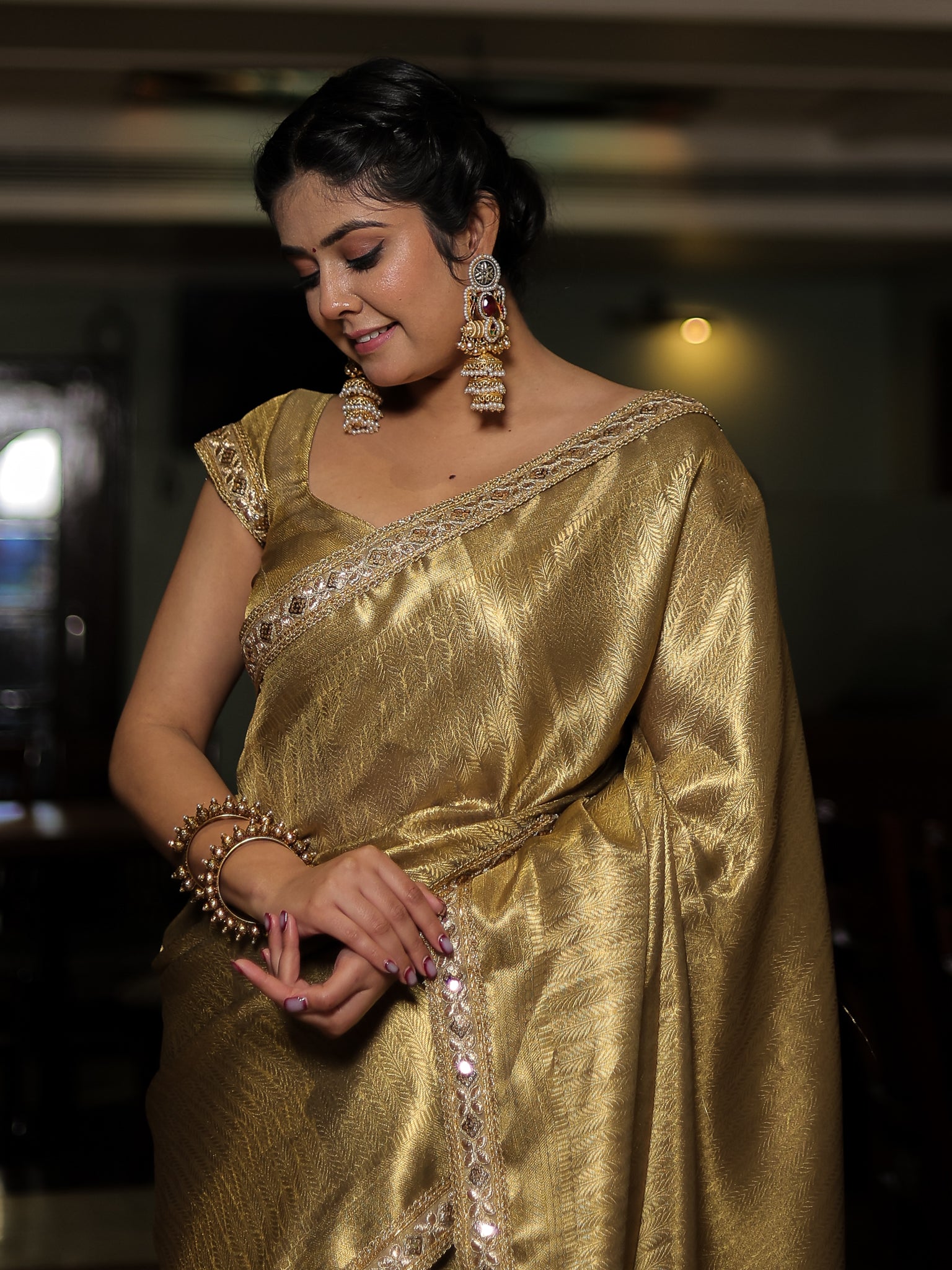 Gold Zari Tanchoi Banarasi Semi Silk Saree with Lace Border