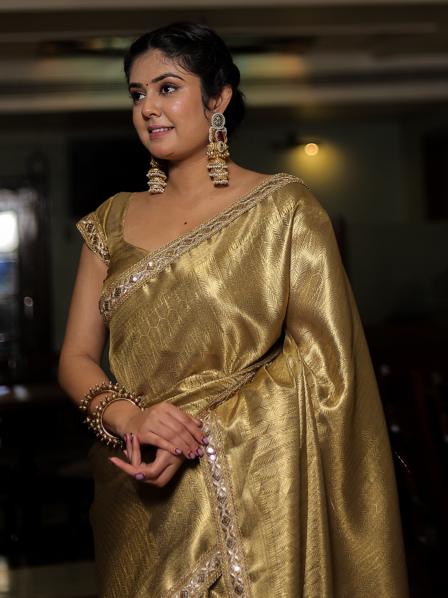 Gold Zari Tanchoi Banarasi Semi Silk Saree with Lace Border