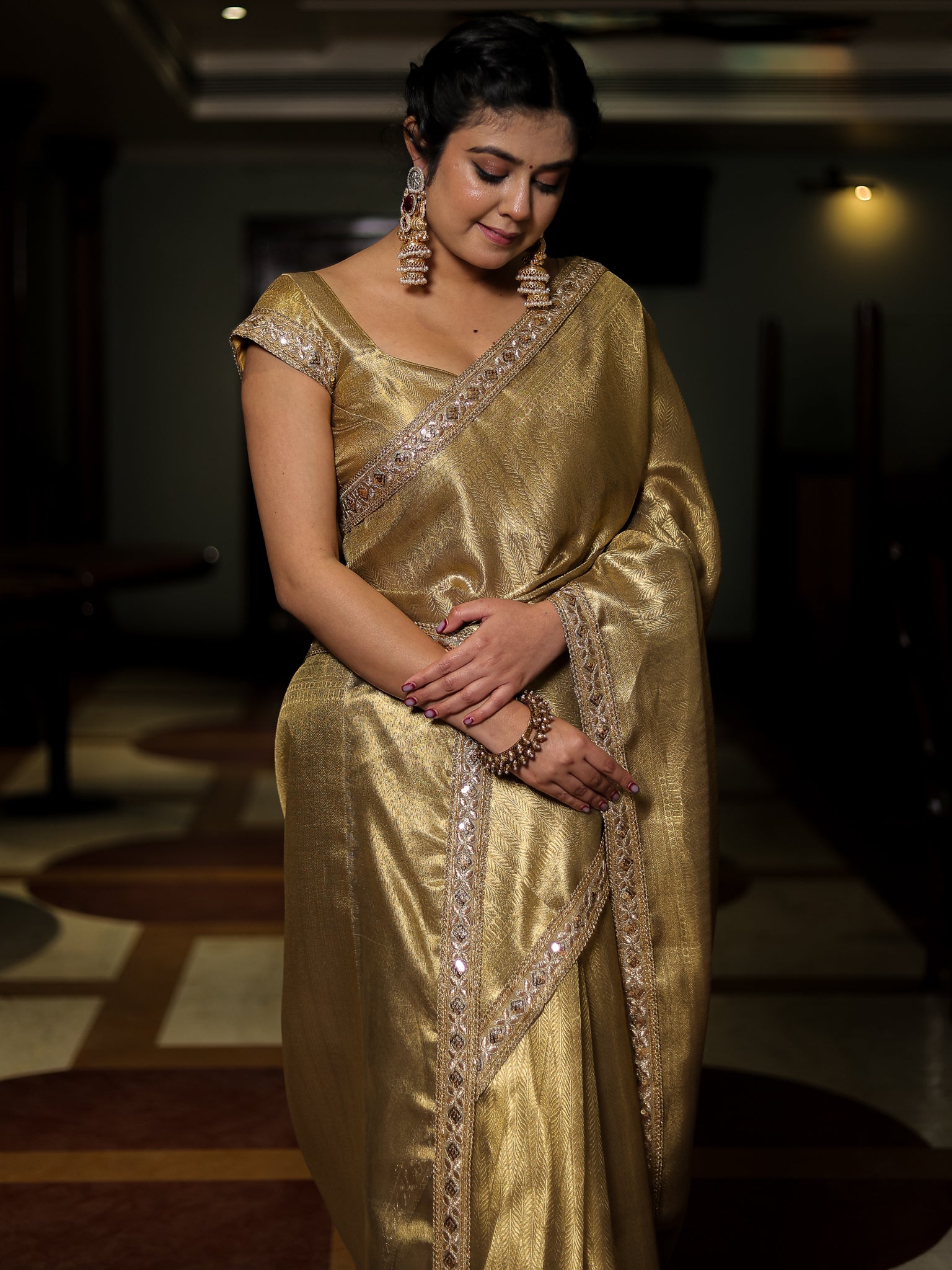 Gold Zari Tanchoi Banarasi Semi Silk Saree with Lace Border