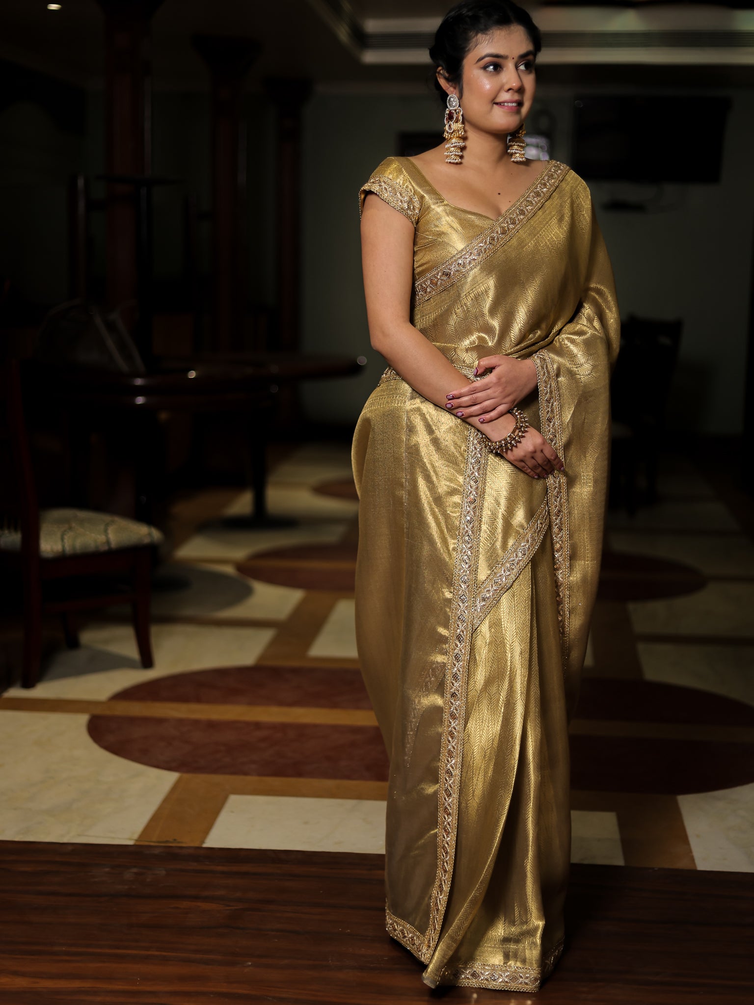 Gold Zari Tanchoi Banarasi Semi Silk Saree with Lace Border