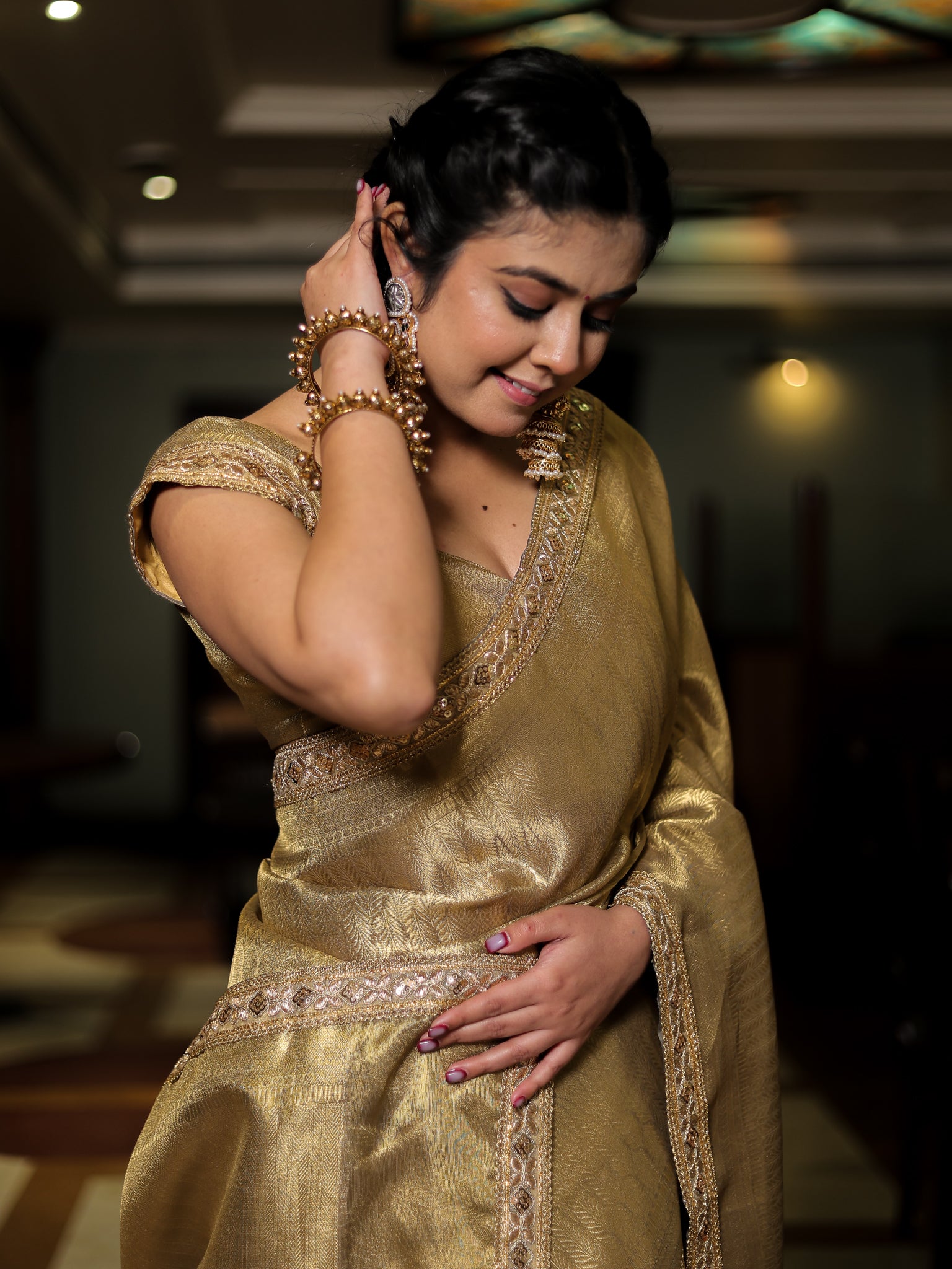 Gold Zari Tanchoi Banarasi Semi Silk Saree with Lace Border