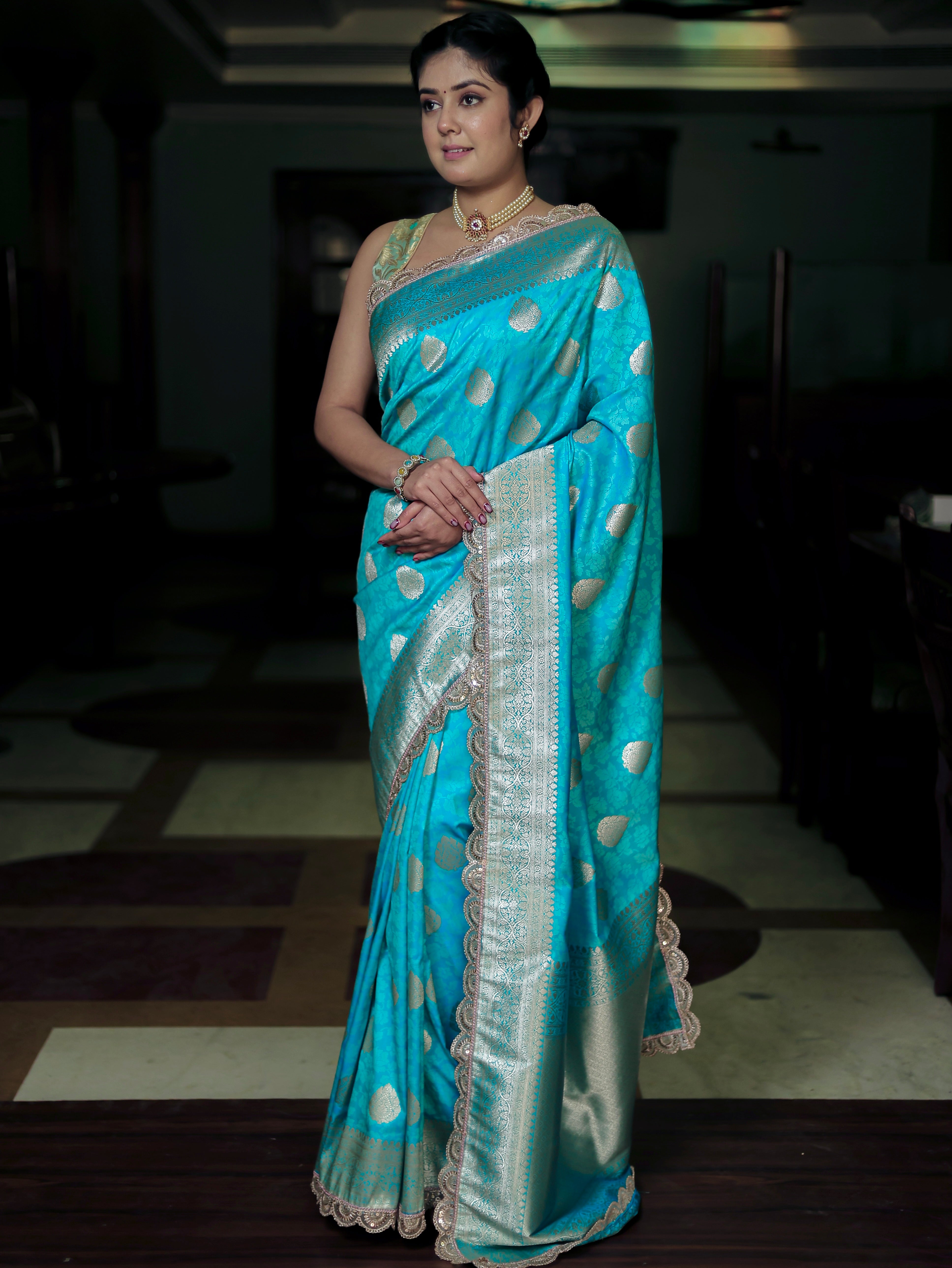 Blue Art Katan Silk Banarasi Saree with Zari Buta & Tanchoi Lace Border