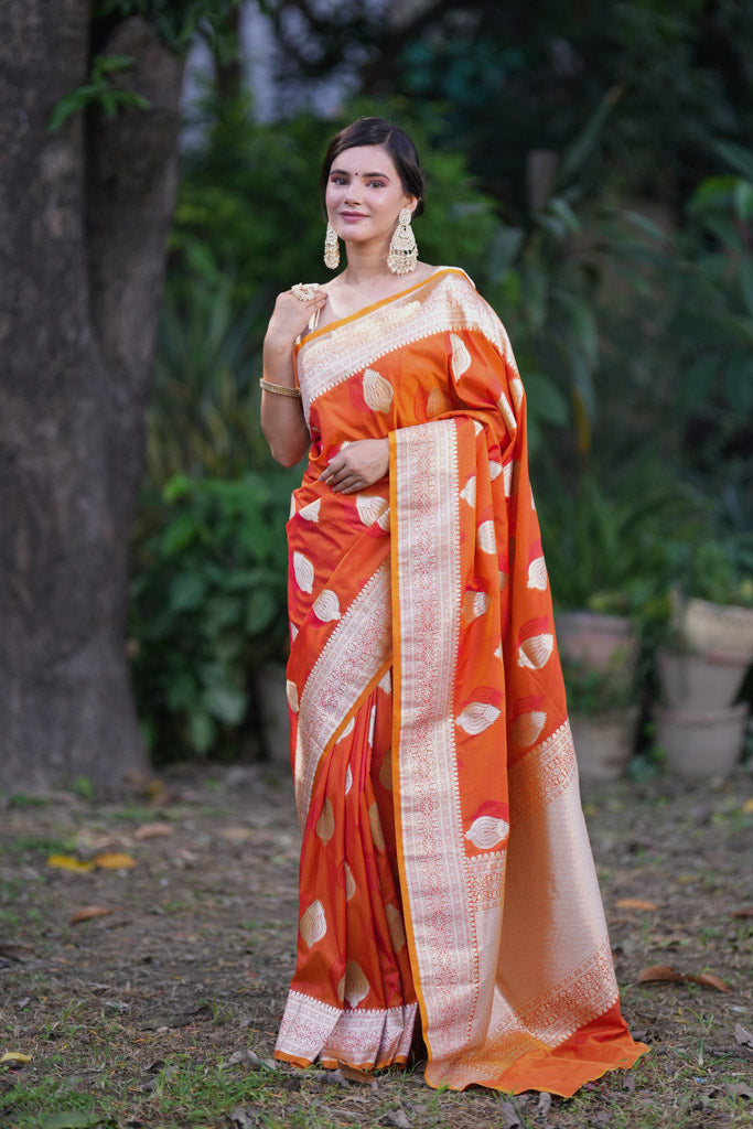 Banarasi Art Katan Silk Saree With Zari Buti Weaving-Orange