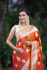 Banarasi Art Katan Silk Saree With Zari Buti Weaving-Orange
