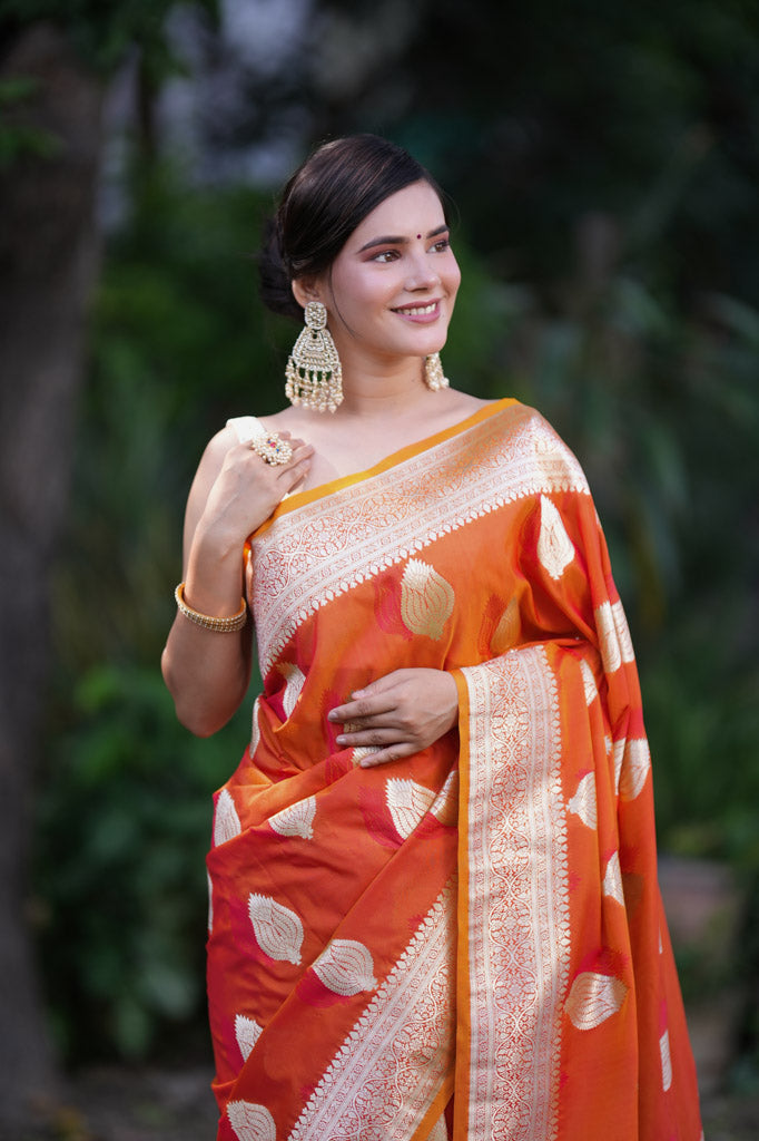 Banarasi Art Katan Silk Saree With Zari Buti Weaving-Orange