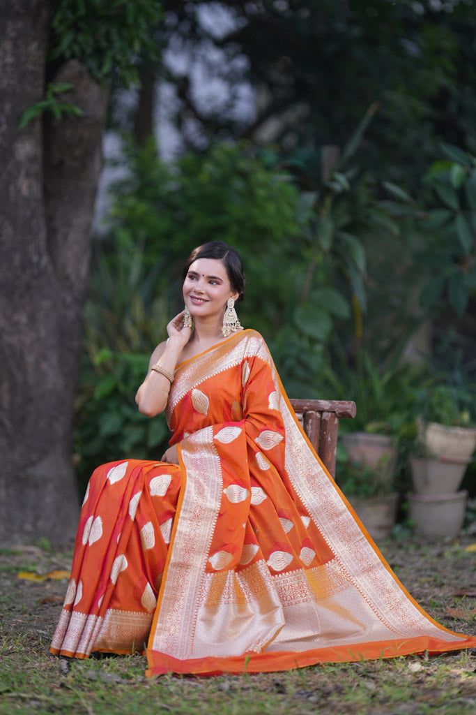 Banarasi Art Katan Silk Saree With Zari Buti Weaving-Orange