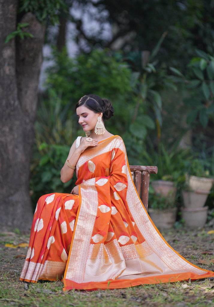 Banarasi Art Katan Silk Saree With Zari Buti Weaving-Orange