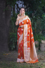 Banarasi Art Katan Silk Saree With Zari Buti Weaving-Orange