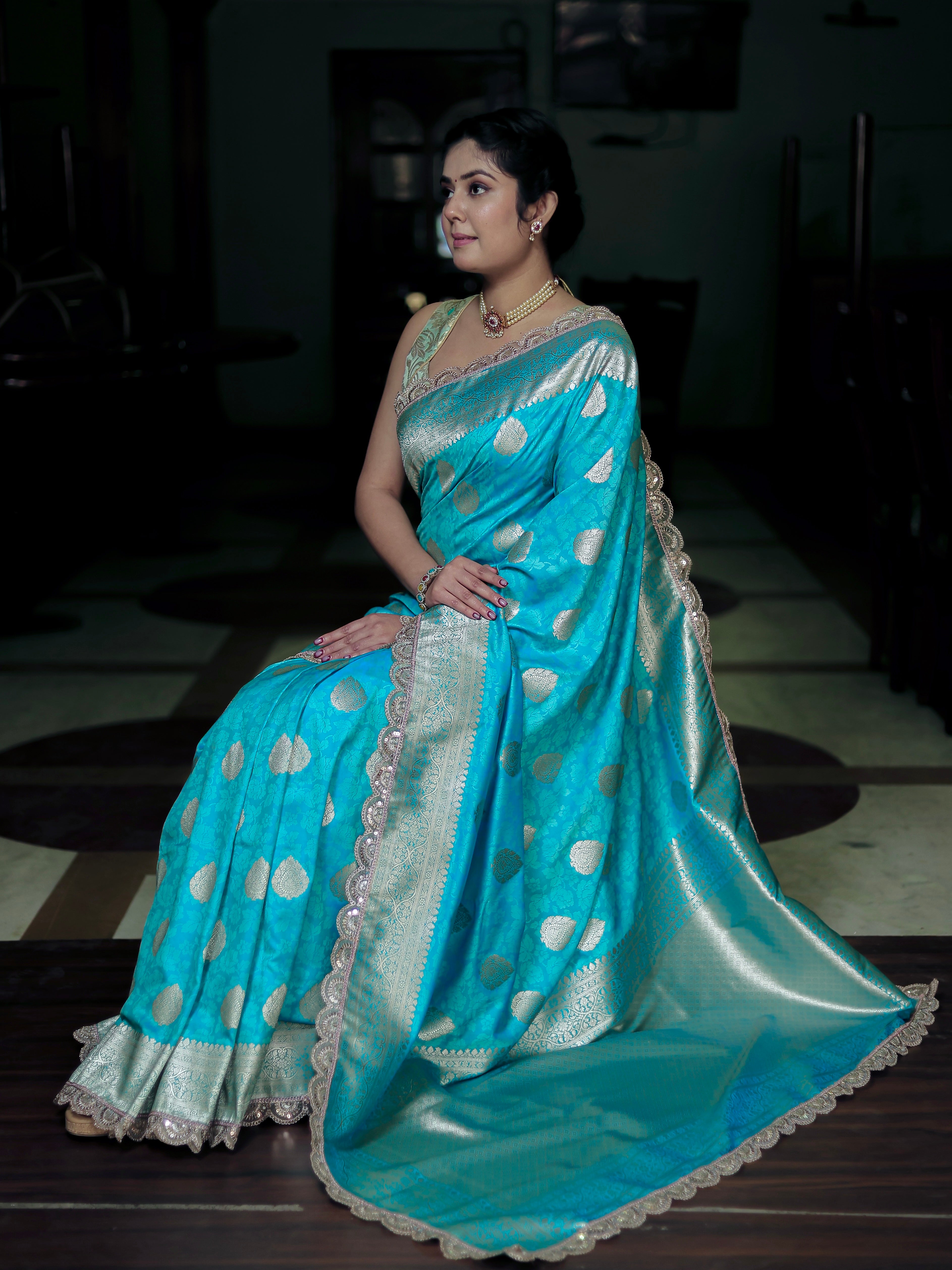 Blue Art Katan Silk Banarasi Saree with Zari Buta & Tanchoi Lace Border