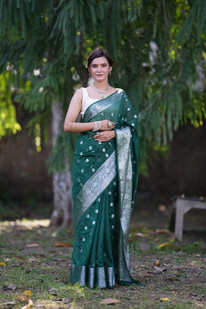 Banarasi  Semi Chiffon Saree Silver Zari Buti Weaving-Bottle Green