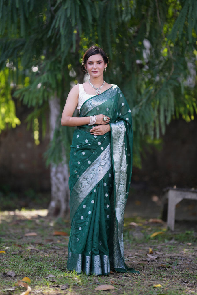 Vishal Prints Bottle Green Chiffon Saree With Embroidery Work
