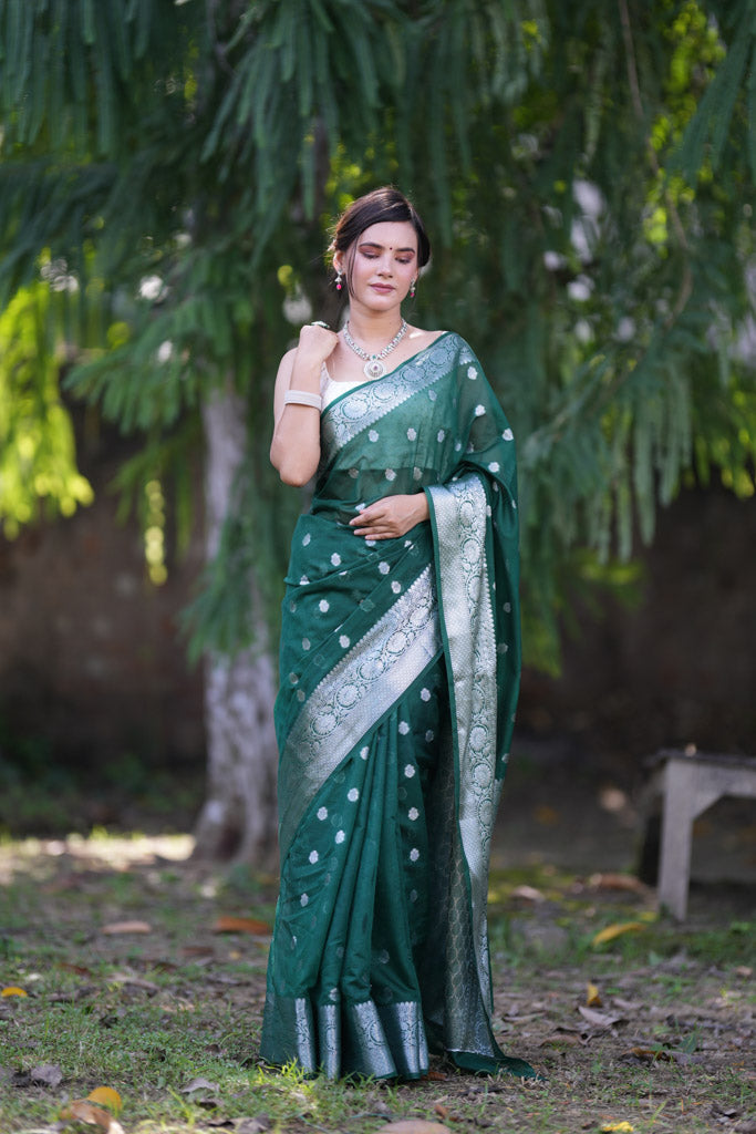 Banarasi  Semi Chiffon Saree Silver Zari Buti Weaving-Bottle Green