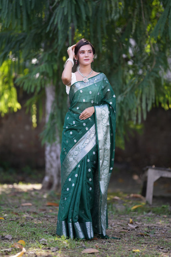 Banarasi  Semi Chiffon Saree Silver Zari Buti Weaving-Bottle Green
