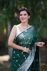 Banarasi  Semi Chiffon Saree Silver Zari Buti Weaving-Bottle Green