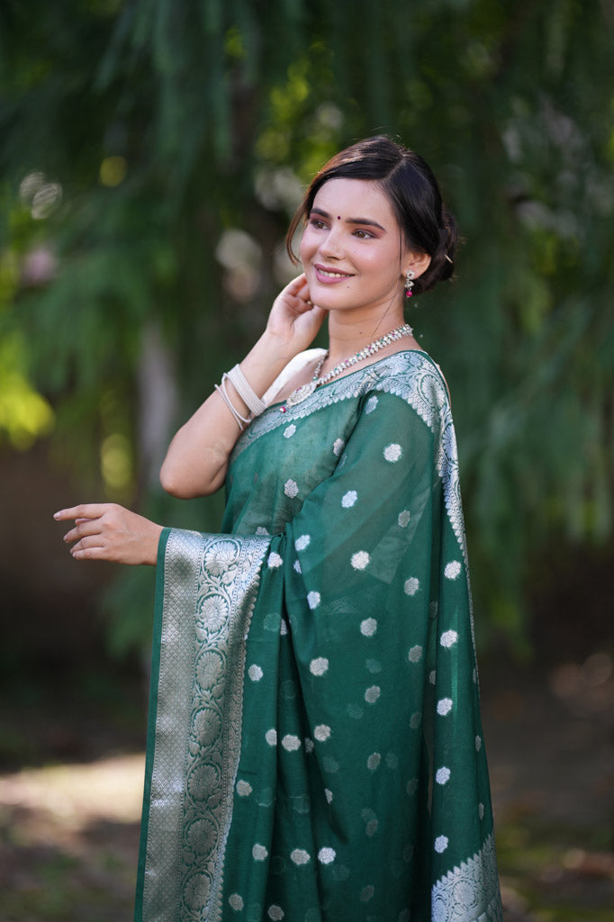 Banarasi  Semi Chiffon Saree Silver Zari Buti Weaving-Bottle Green