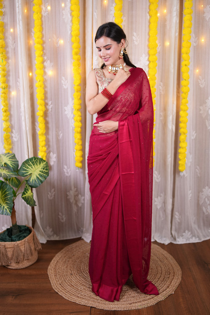 Satin Border Semi Chiffon Saree With Zari Work-Red
