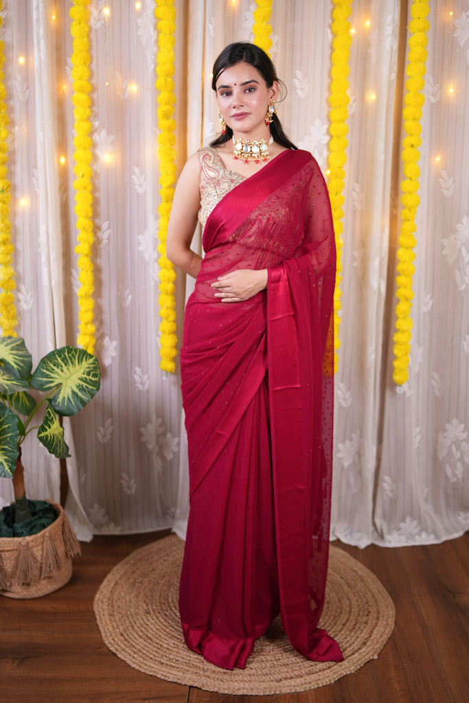 Satin Border Semi Chiffon Saree With Zari Work-Red