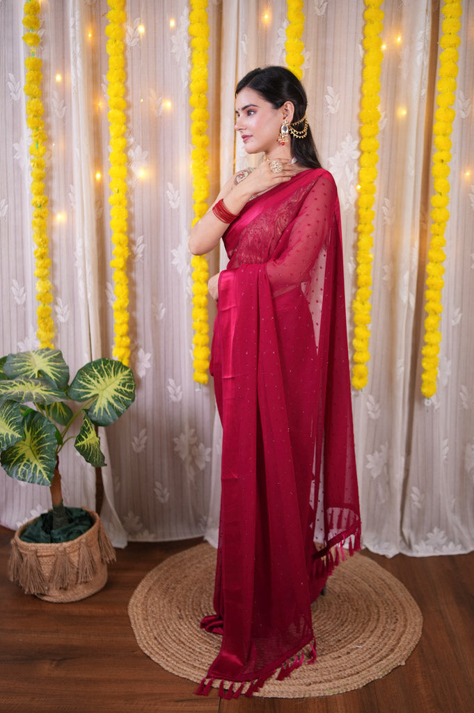 Satin Border Semi Chiffon Saree With Zari Work-Red